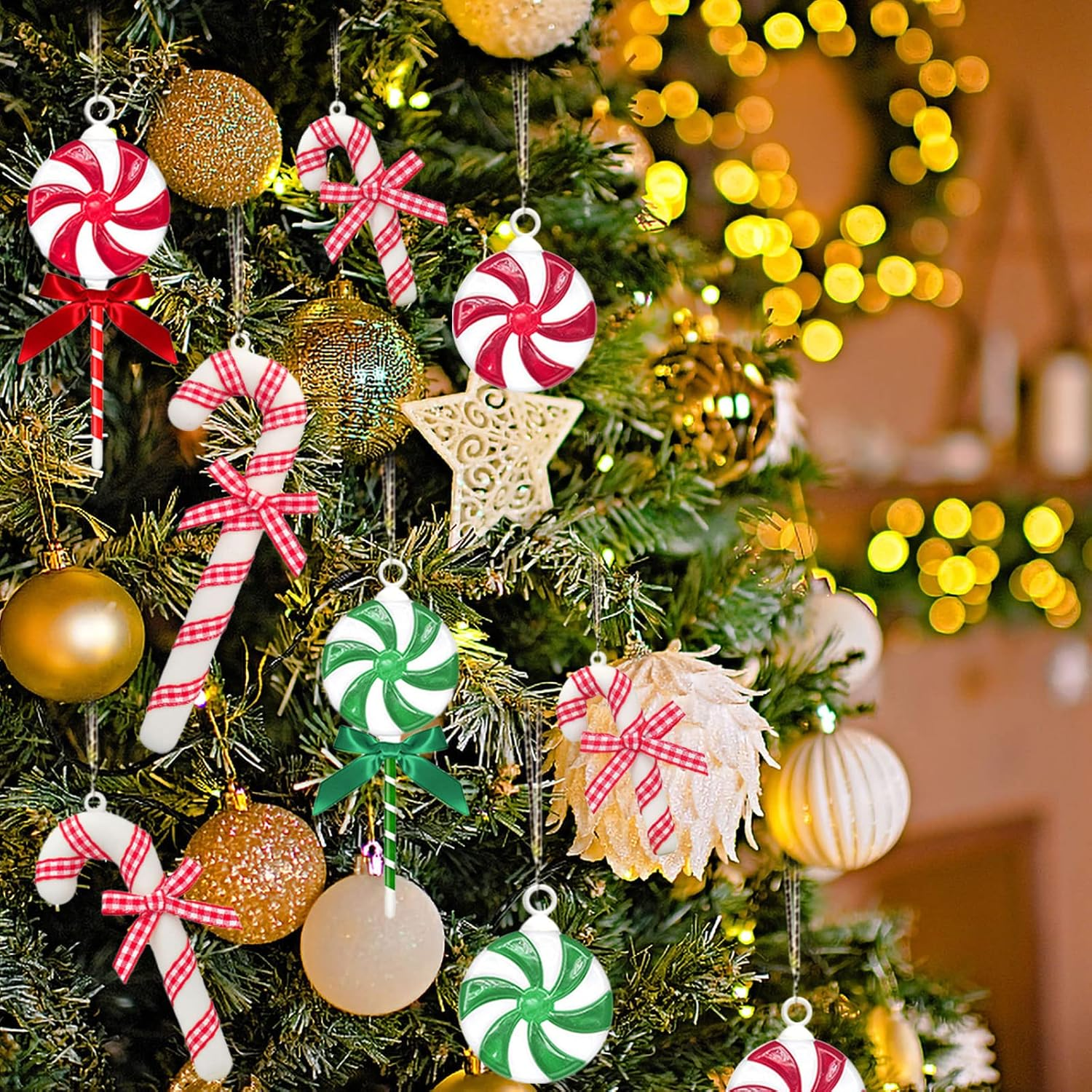 35 Pcs Shatterproof Christmas Candy Decorations Plastic Candy Cane Swirl Peppermint Lollipop Christmas Tree Hanging Ornaments, Colorful Acrylic Sweets Pendant with Bow & Rope for Holiday Party Supply image number 3