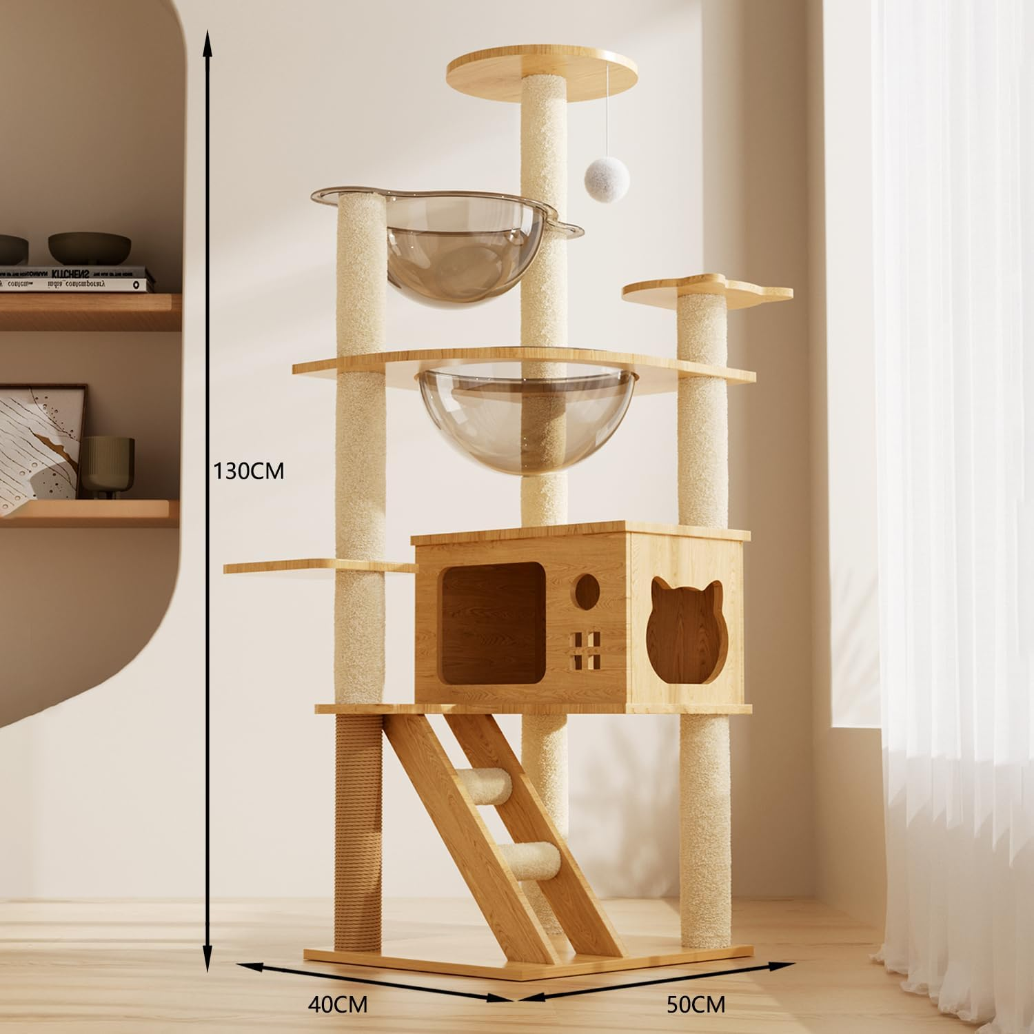 VIC Wooden Cat Tree, 150Cm/130Cm/120Cm Cat Furniture with Scratching Posts, Modern Cat Tower with Hammocks, Toys, Cat Condo Modern Environmental-Friendly Woodcraft Style (1.3M) image number 1