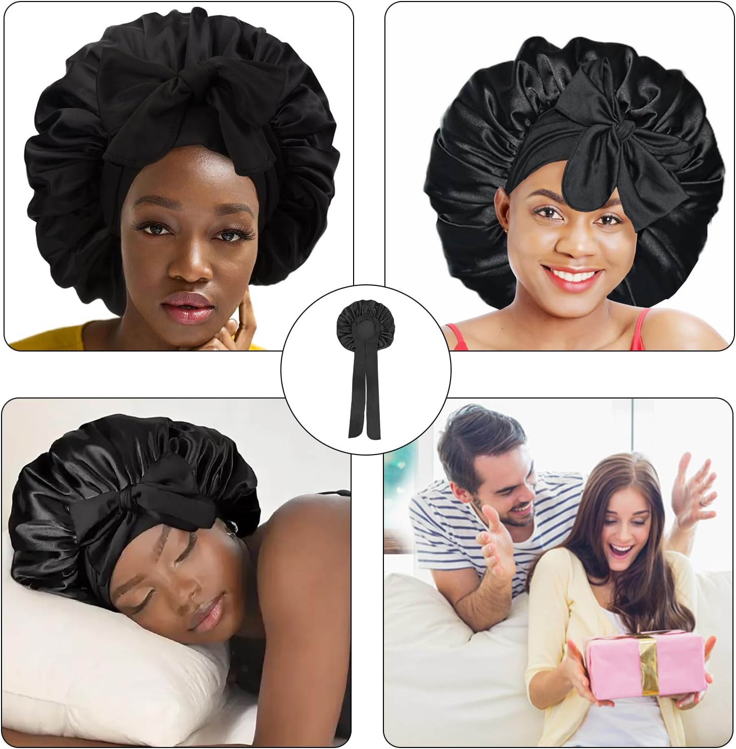 Mniimaluxe Sleep Cap Hair Protection, Silk Hood for Sleeping, Satin Sleep Cap, Bonnet Sleep Cap, Curl Hood, Black, M image number 6