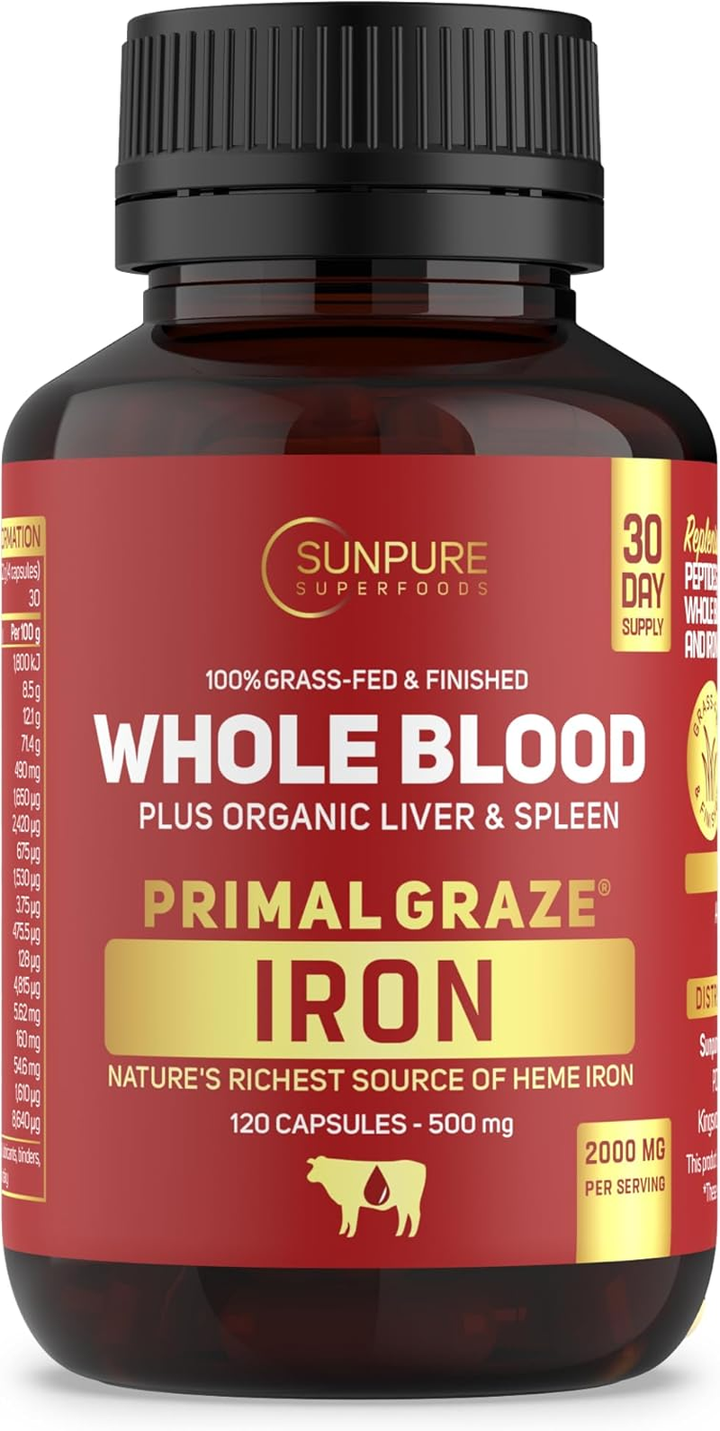 Grass-Fed Whole Blood, Liver & Spleen Capsules 2000Mg | Mthfr-Friendly, Bovaer-Free &ndash; Organic Iron-Rich Superfood for Energy & Vitality | 120 Pills | Primal Graze&reg; Iron by Sunpure Superfoods