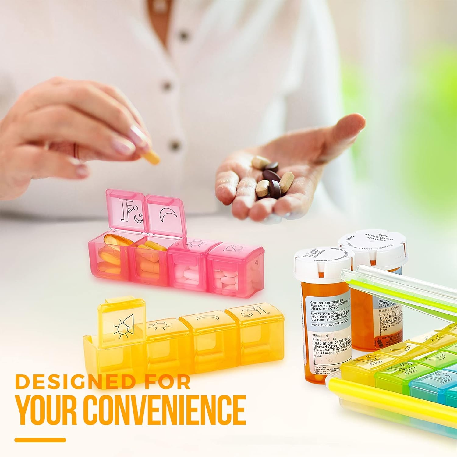 Weekly Pill Organizer - Portable 4 Times-A-Day - Water Moisture-Proof AM/PM Pill Case, Colorful 7 Day Medicine Holder Pill Box with Labels for Prescriptions, Medications, Vitamins, and Supplements image number 2