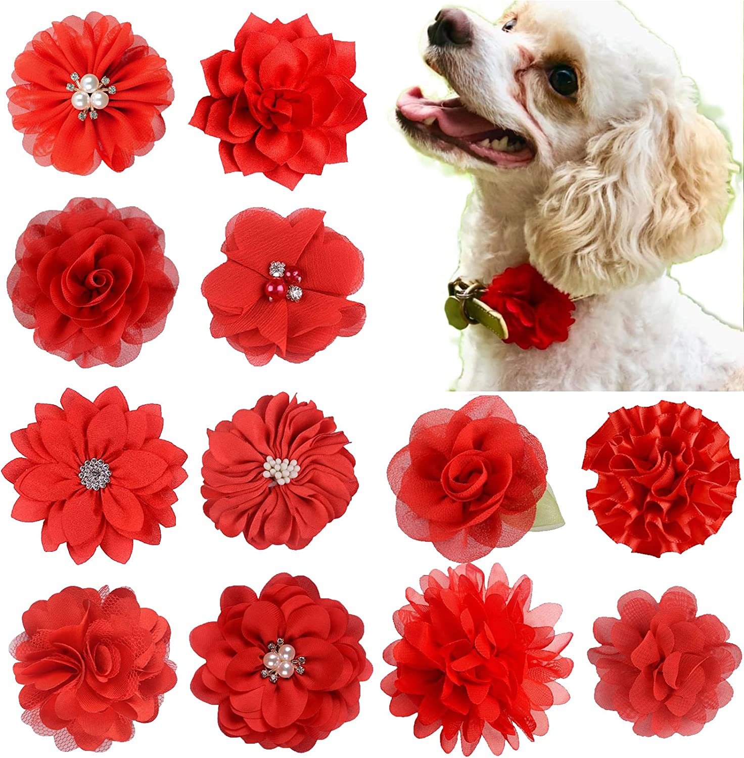 Lopsity 12PCS Pet Collar Flower Bow Collar Detachable Flower Embellishment for Cats Dogs, Pets Supplies for Wedding/Birthday Party (Pink)