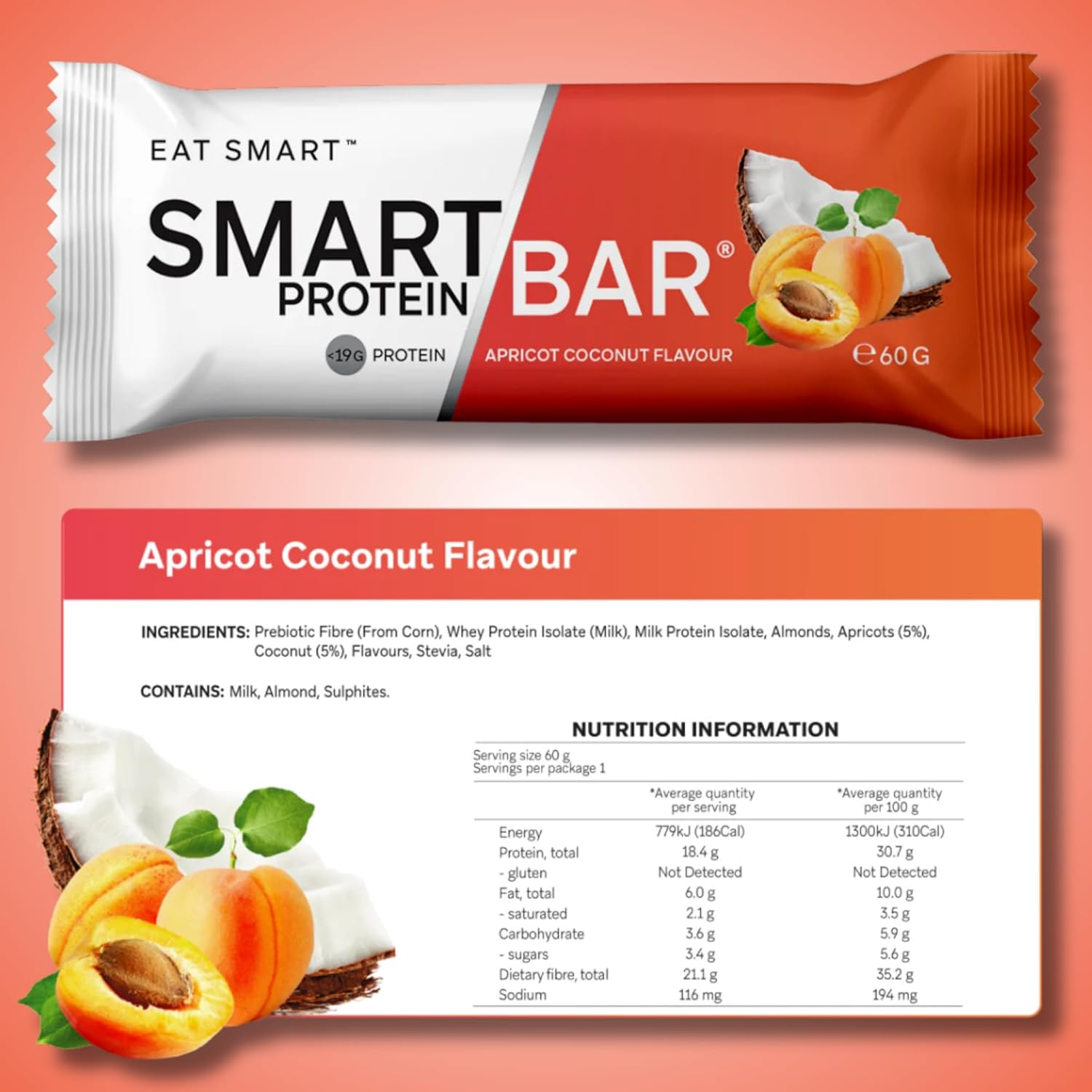 Smart Bars Protein Bar - Apricot Coconut, 12 X 60 G | 18.4 G High Protein Snack, Keto Friendly, Nutritional, Low-Carb, Low Sugar image number 2