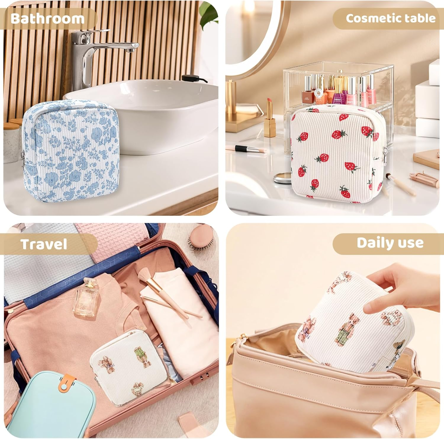 Long Keeper Small Cosmetic Bag Toiletry Bag with Compartments Mini Makeup Bag Strawberry Printing Corduroy Travel Toiletry Pouch for Women Girls Gift, Blue Flower, Small Make up Bag image number 2