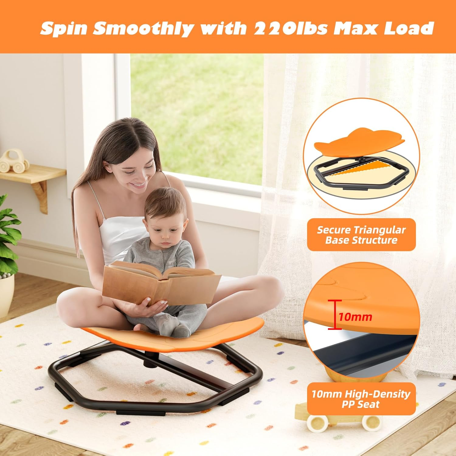 FAYDUDU Spinning Chair for Autism, Elephant Swivel Chair for Kids, 360&deg; Spinning Seat, Autism Sensory Equipment, Spinning Carousel Chair, Sensory Balance Toys for Boys Girls Birthday (Orange) - Blue image number 7