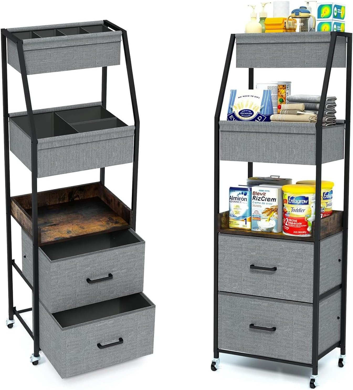 Baby Diaper Caddy Organizer and Storage - 5 Tier Rolling Cart with Dividers and Drawers, Mobile Utility Cart with Wheels for Nursery, Bedroom, Changing Table & Crib, Grey image number 3