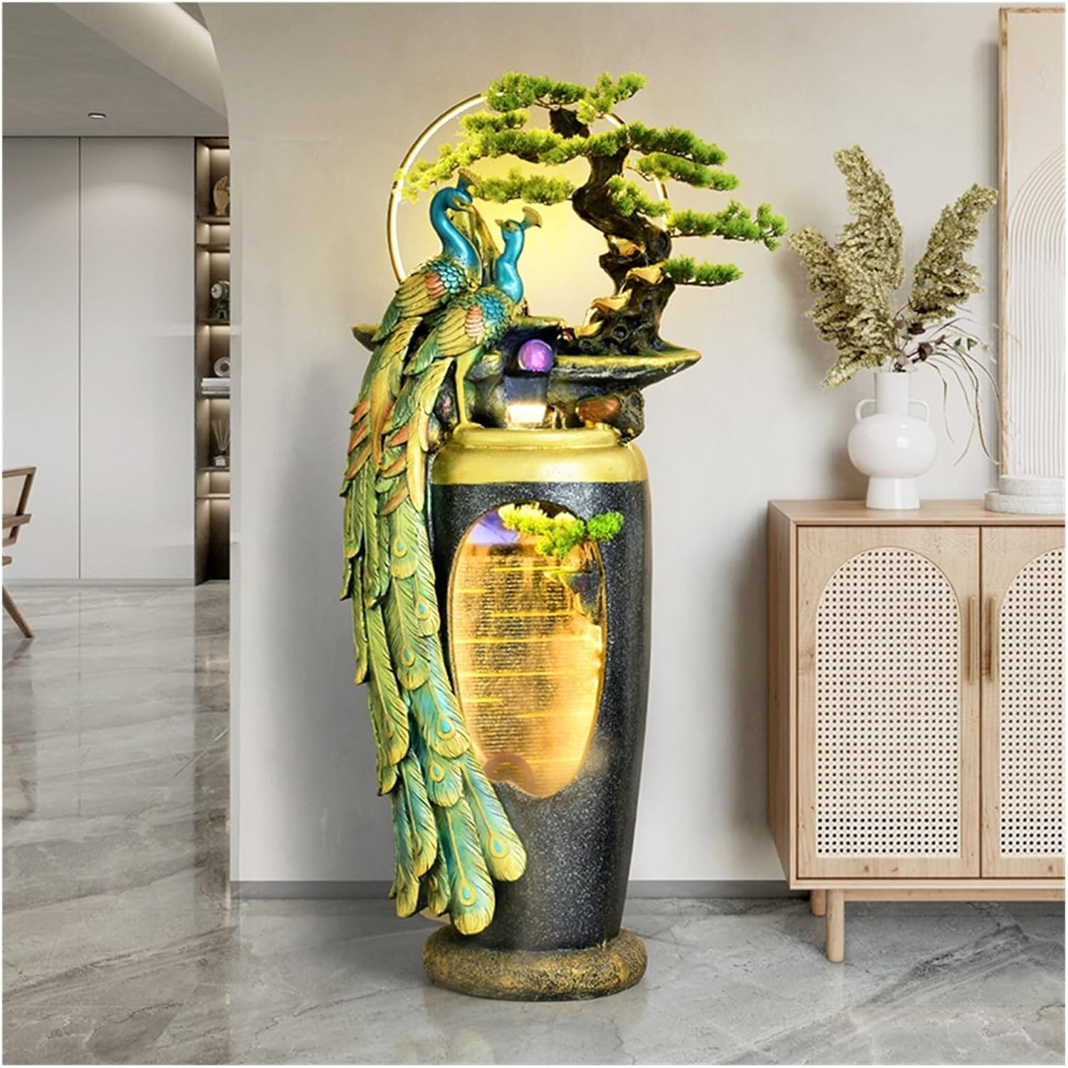 Outdoor Fountain Peacock Flowing Water Ornament, New Chinese Zen Fountain, Floor Standing Decorative Vase for Living Room, Entrance Door or Next to Tv Cabinet(53 * 46 * 156Cm) image number 2