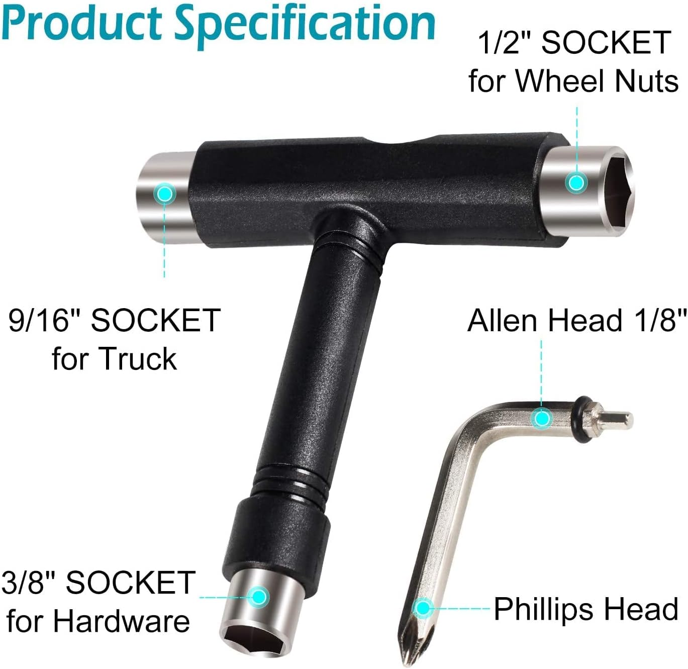 All-In-One Skate Tools - Multi-Function Portable Skateboard T Tool Accessory with T-Type Allen Key and L-Type Phillips Head Wrench Screwdriver image number 5