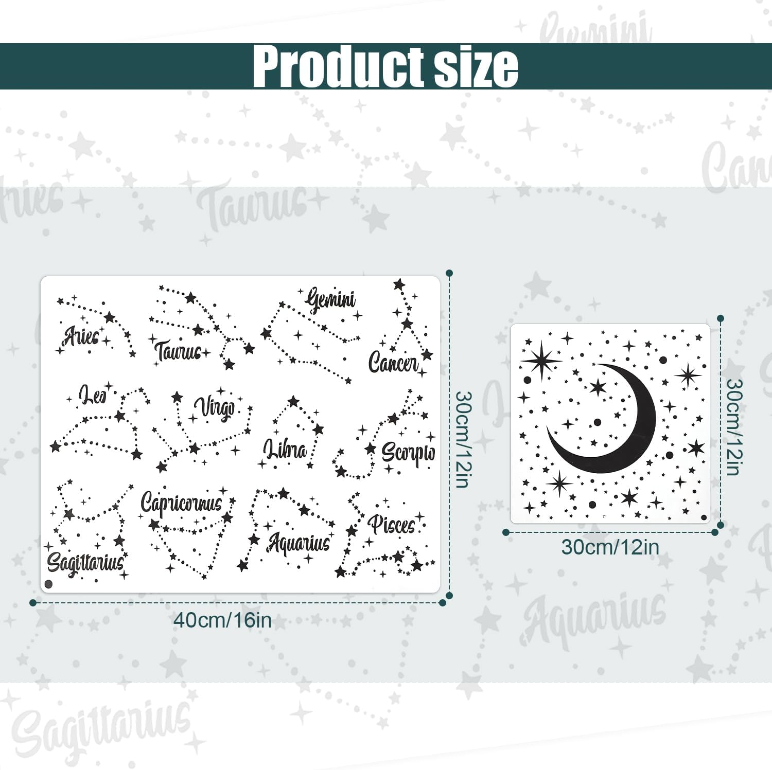 6Pcs Night Sky Stencil, Moon and Stars Template & Zodiac Stencils, Twinkle Star Stencil for Painting Starburst Stencil Wall Painting Stencil for Wooden Furniture Paper Windows Walls Canvases image number 3