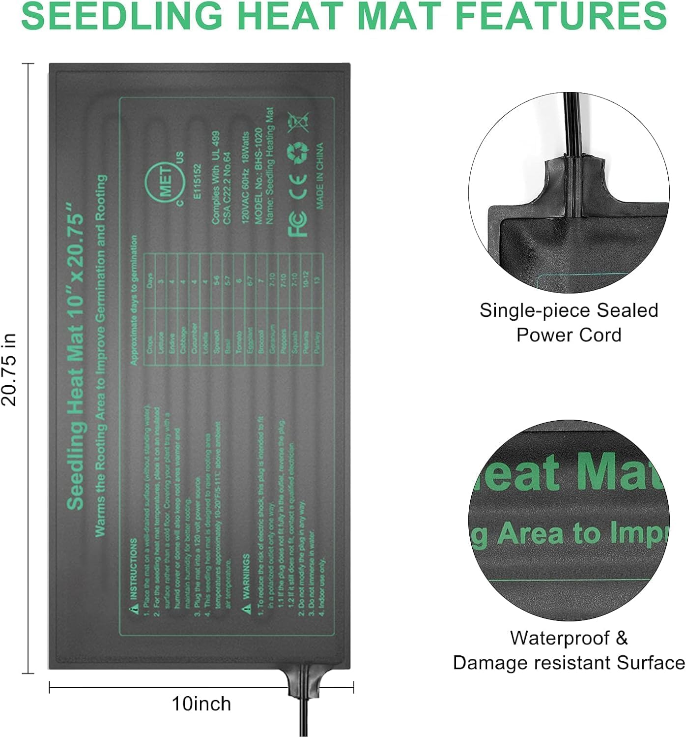 2Pack Seedling Heat Mat, 52 X 25Cm Heating Mat for Plants Grow Seed Starting Greenhouse, Waterproof Durable Germination Warm Hydroponic Heating Pad(10 X 20.75 Inch) image number 6