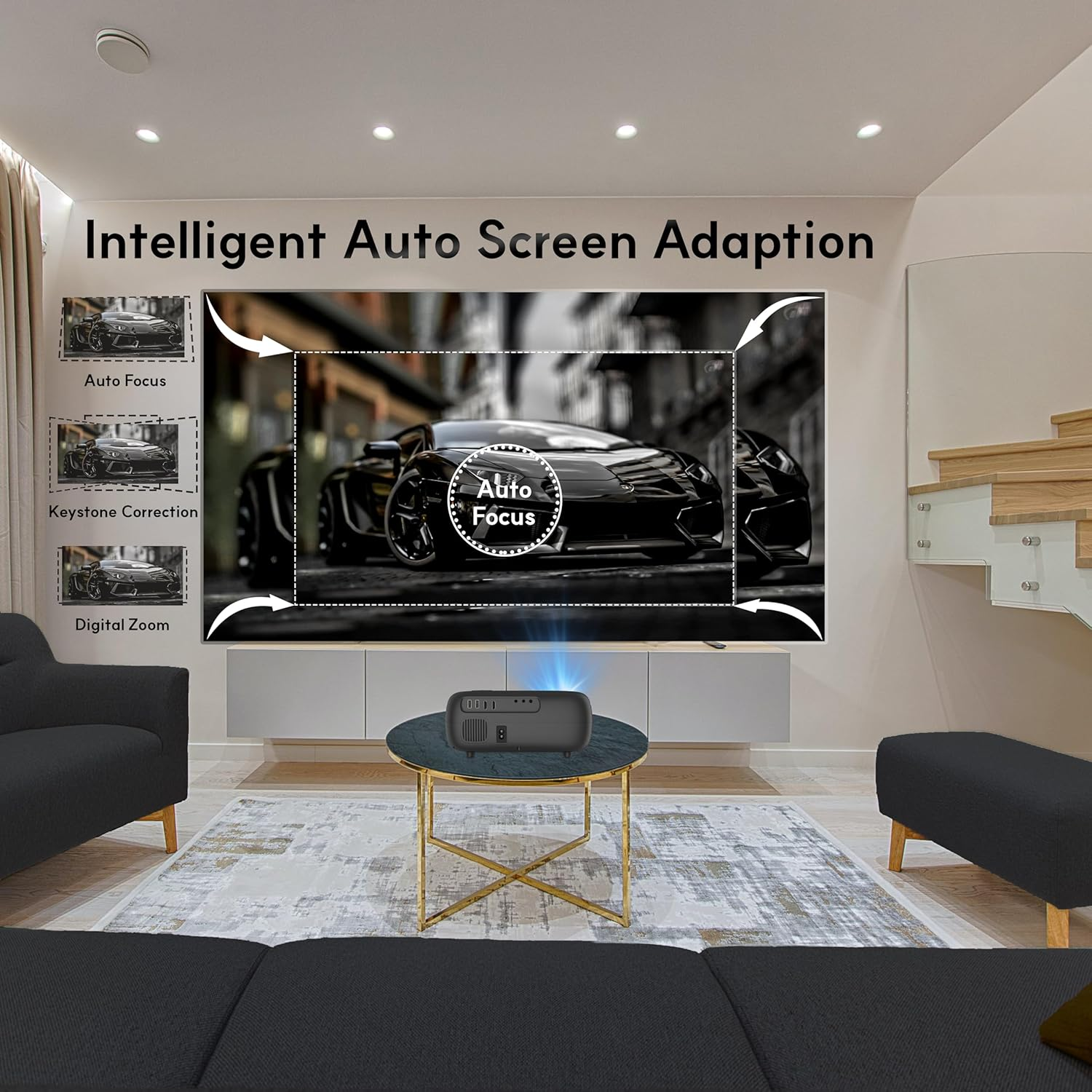 Alliums Projector AUTO Focus AUTO Keystone Portable Native 1080P Full HD, 4K Support, 16000 Lumens, 10W Hi-Fi Speakers, 300 Inch Display, 5G/2.4G Wi-Fi, 5.2 Bluetooth, Home Theater & Gaming Black image number 6