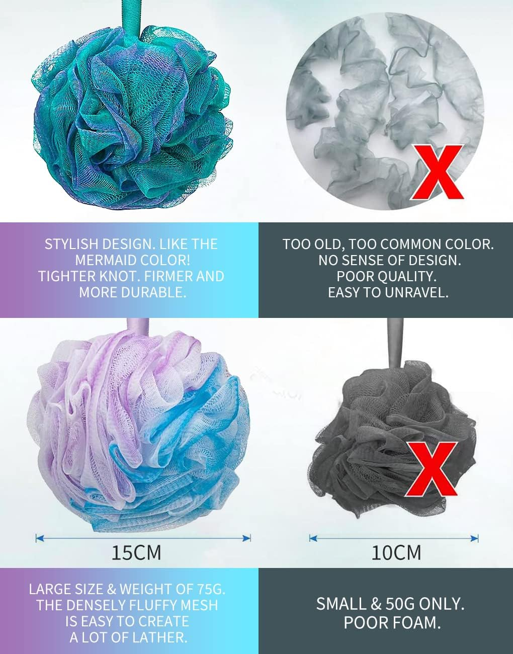 Vivva 4Pack 15Cm Bath Shower Sponge Loofahs Mesh Brush Shower Pouf Ball Shower Essential 75G/Pcs for Body Wash Bathroom Men Women Kids Scrubber Exfoliating (Green-Purple)