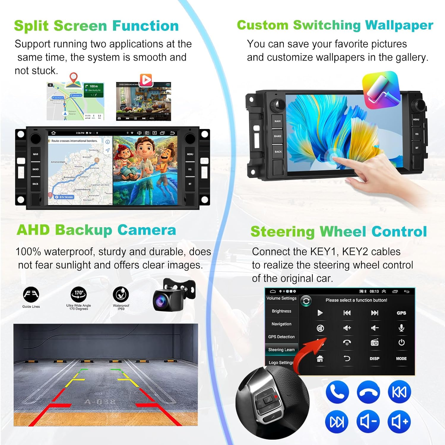 Podofo 2+64G Car Stereo for Jeep Wrangler Dodge Chevrolet RAM 1500 Android Radio with Wireless Apple Carplay, 7" Touchscreen Stereo with Wifi, GPS, RDS/FM Radio, Bluetooth + Backup Camera & Mic