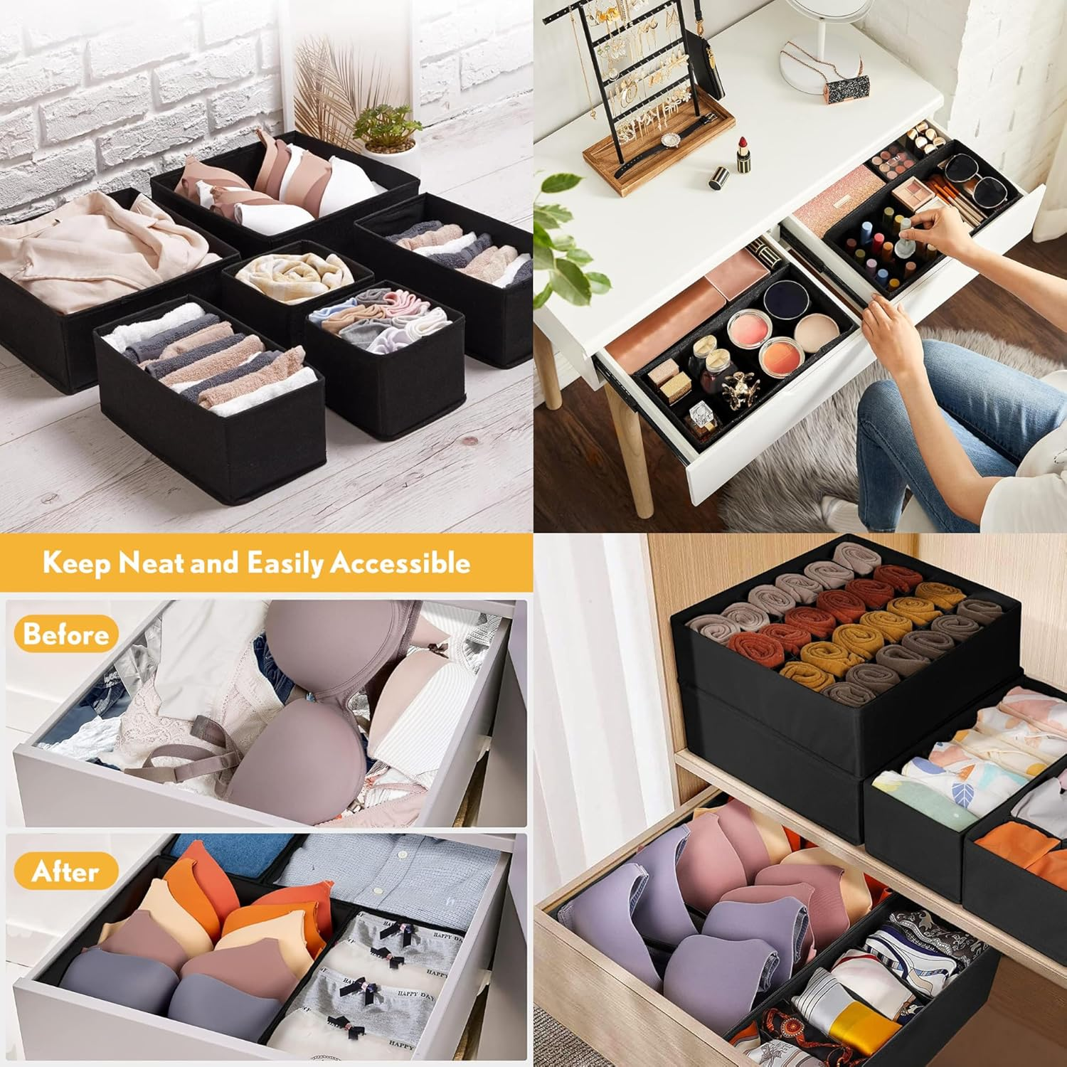 Okam Clothes Drawer Organiser Set of 8 - Underwear/Bra/Sock Organiser with Bonus Shoe Bag - Versatile Organisers for Drawers - Tidy Storage Solution for Bedroom - Foldable Design - Black image number 6