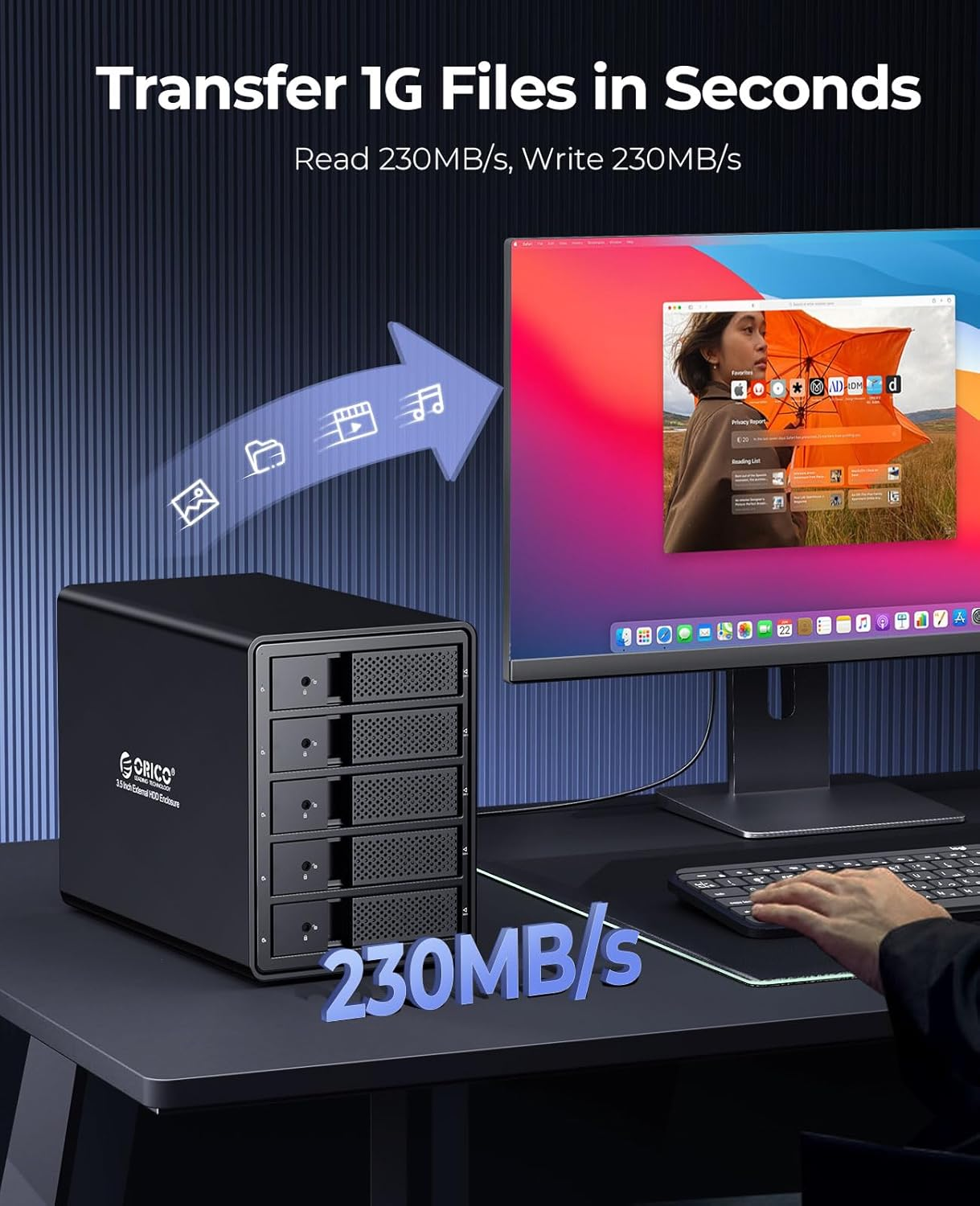 ORICO 5 Bay USB 3.0 to SATA External Hard Drive Enclosure for 3.5 Inch HDD Support 80TB (5 X 16TB) Aluminum Alloy RAID Enclosure Support RAID Mode Storage with Fan Tool Free (5 Bay) image number 2