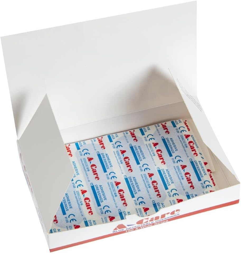 A-CARE Detectable Standard Strips, First Aid Blue Metal Detectable Adhesive Plasters for Food Handling, Hypo-Allergenic Latex-Free with Strong Adhesion, Size 7.5 Cm by 2.5 Cm, Box of 100