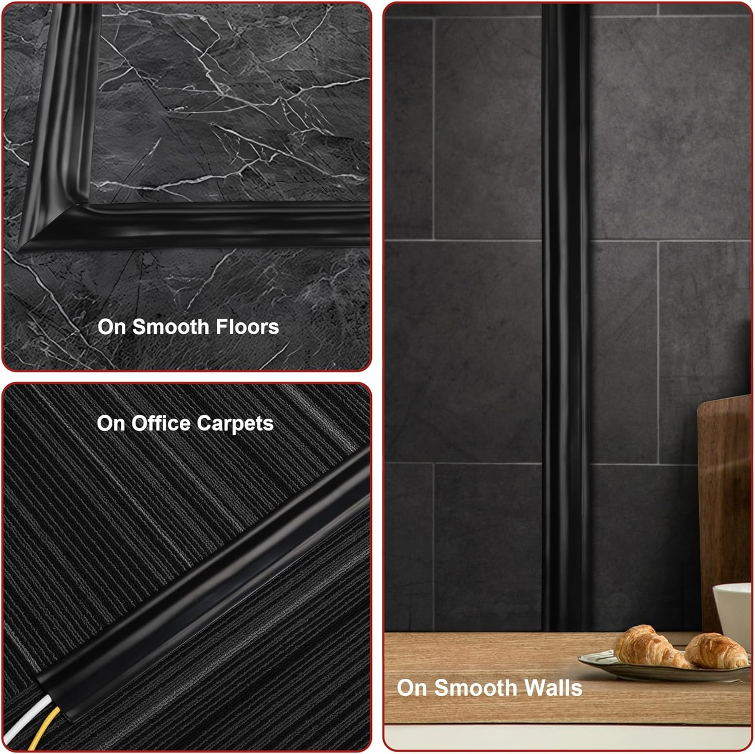 8.2Ft Cord Cover Floor, PVC Cord Covers for Wires on Floor, Soft Floor Cable Cover Cord Hider, Floor Cable Management Cable Protector for Commercial Office Carpet/Floors/Wall Black image number 6