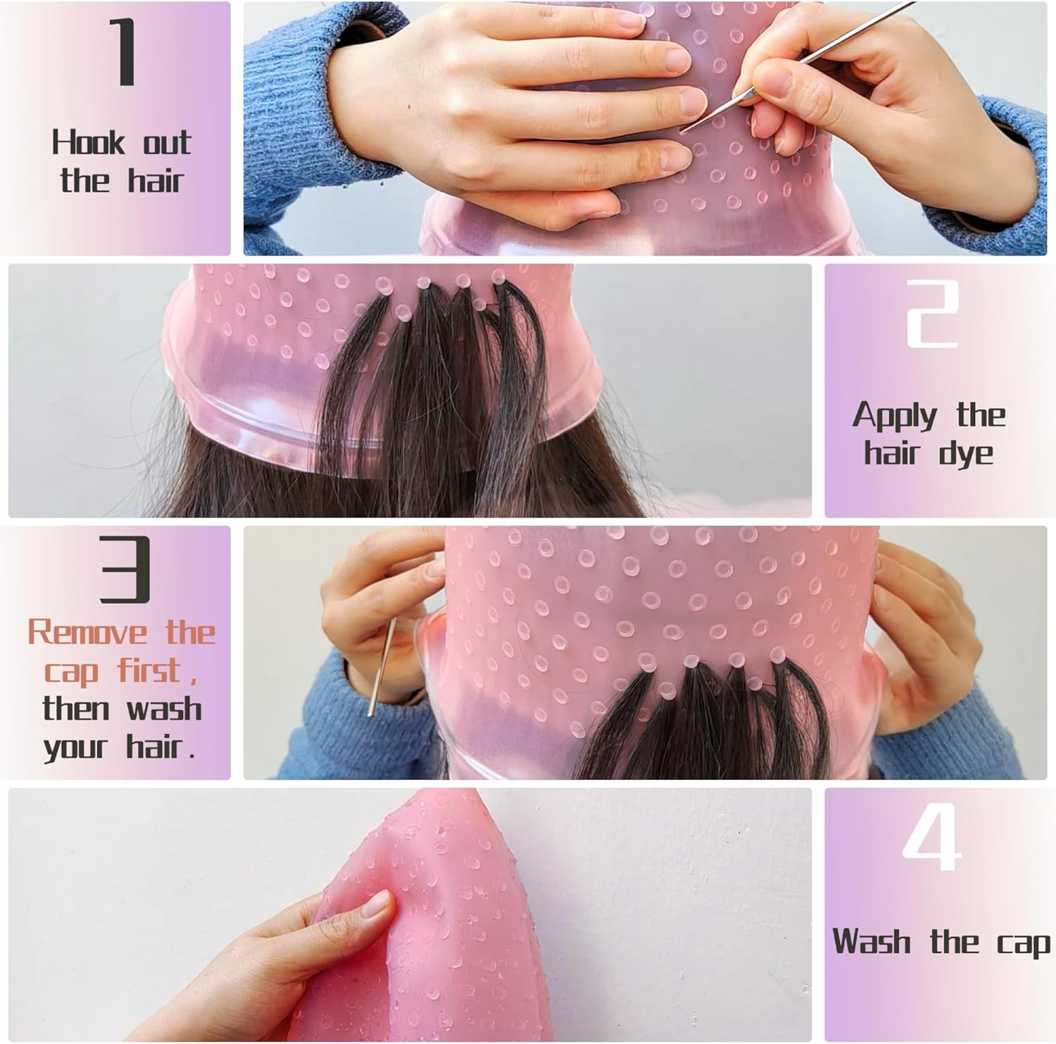 9 Pcs Highlight Cap Kit, Silicone Highlighting Cap Hair Dye Cap with Holes Reusable Highlighting Cap with Hook for Home Salon Professional Hairdressing Dyeing Staining Tools Set for Women Men image number 3