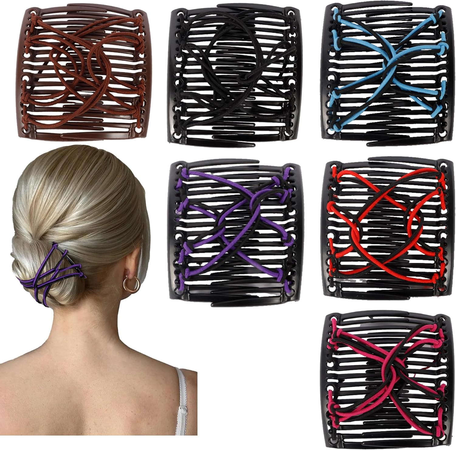 Chanaco 6Pcs Elastic Magic Hair Comb Clips for Thick, Curly, Wavy Hair - Brown, Black, Red, Purple, Blue, Rose Red - Women'S Fashion Vintage Hairstyle