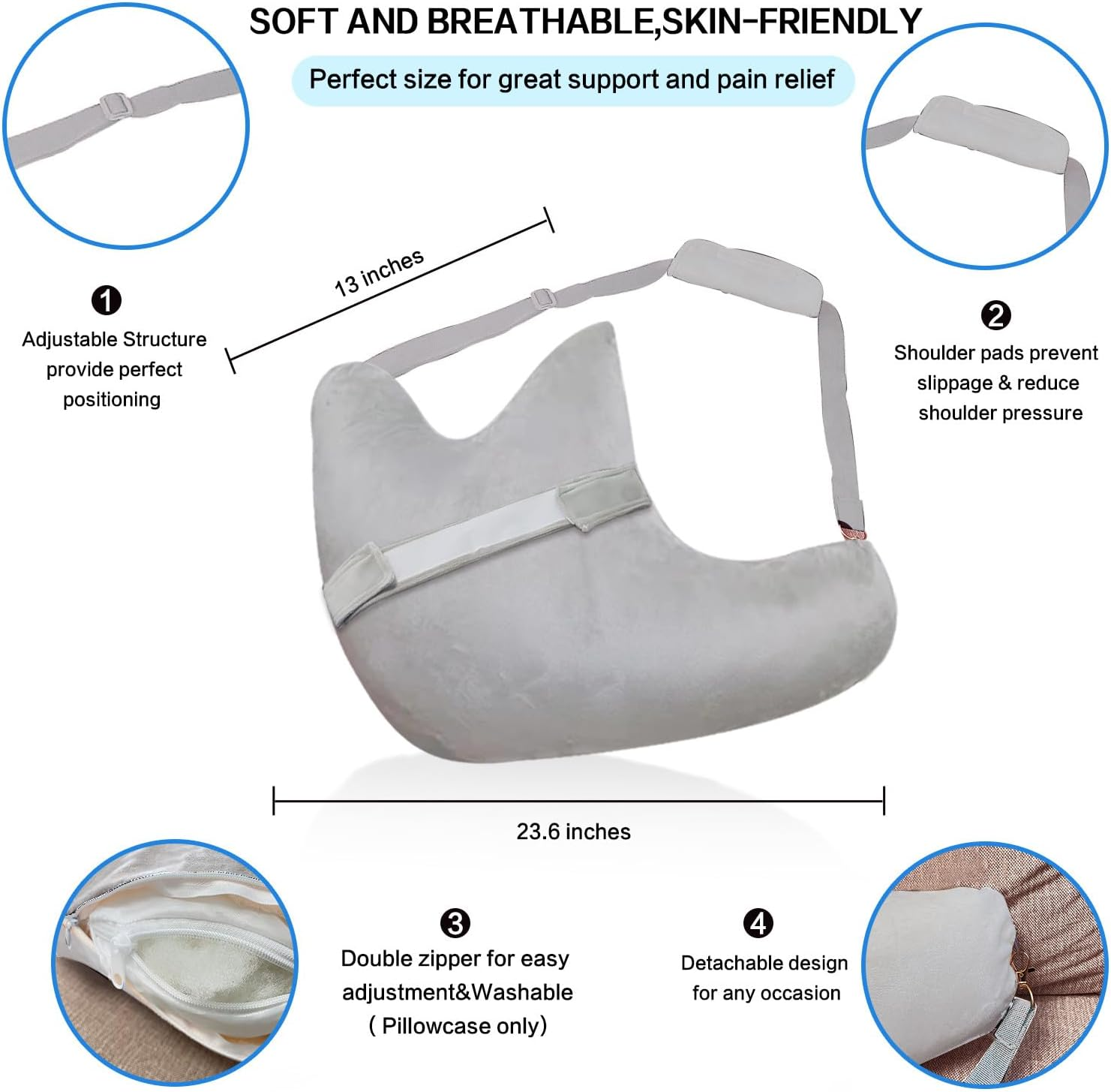 Zimucxn Shoulder Surgery Pillow, Ergonomic Rotator Cuff Pillow, Comfortable Post Shoulder Surgery Pillow, Adjustable Structure Provide Support, Shoulder Pain Relief (Grey, Arm & Shoulder Strap) image number 6