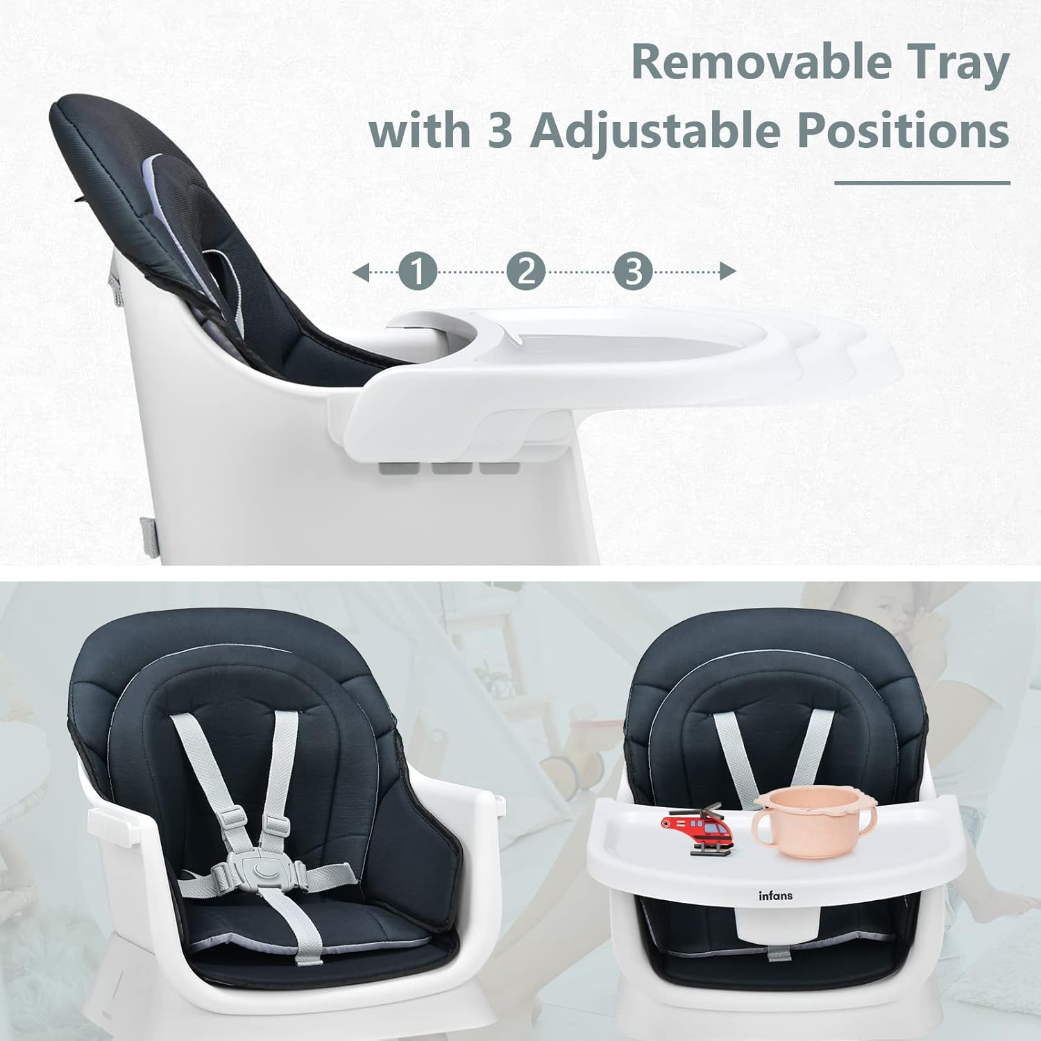 INFANS 8 in 1 Baby High Chair, Convertible Highchair for Babies and Toddlers, Infant Dining Booster Seat, Building Block Table, Kids Stool Table Chair Set with Removable Tray (Black) - Grey image number 2