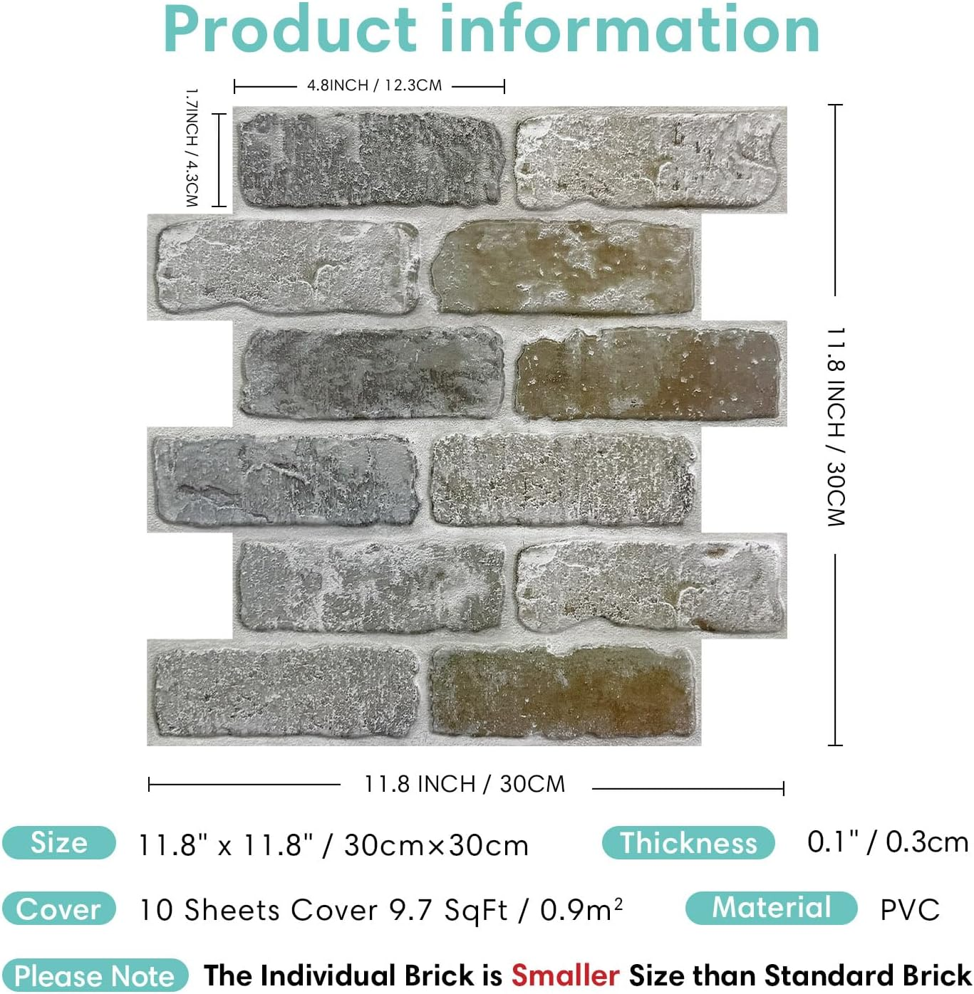 Commomy Peel and Stick Tiles for Wall 3D Wall Panels Faux Brick Stone, 11.8"X11.8", 10 Pcs, Wall Stickers PVC Wall Panels for Living Room, Bedroom, Interior Wall Decor