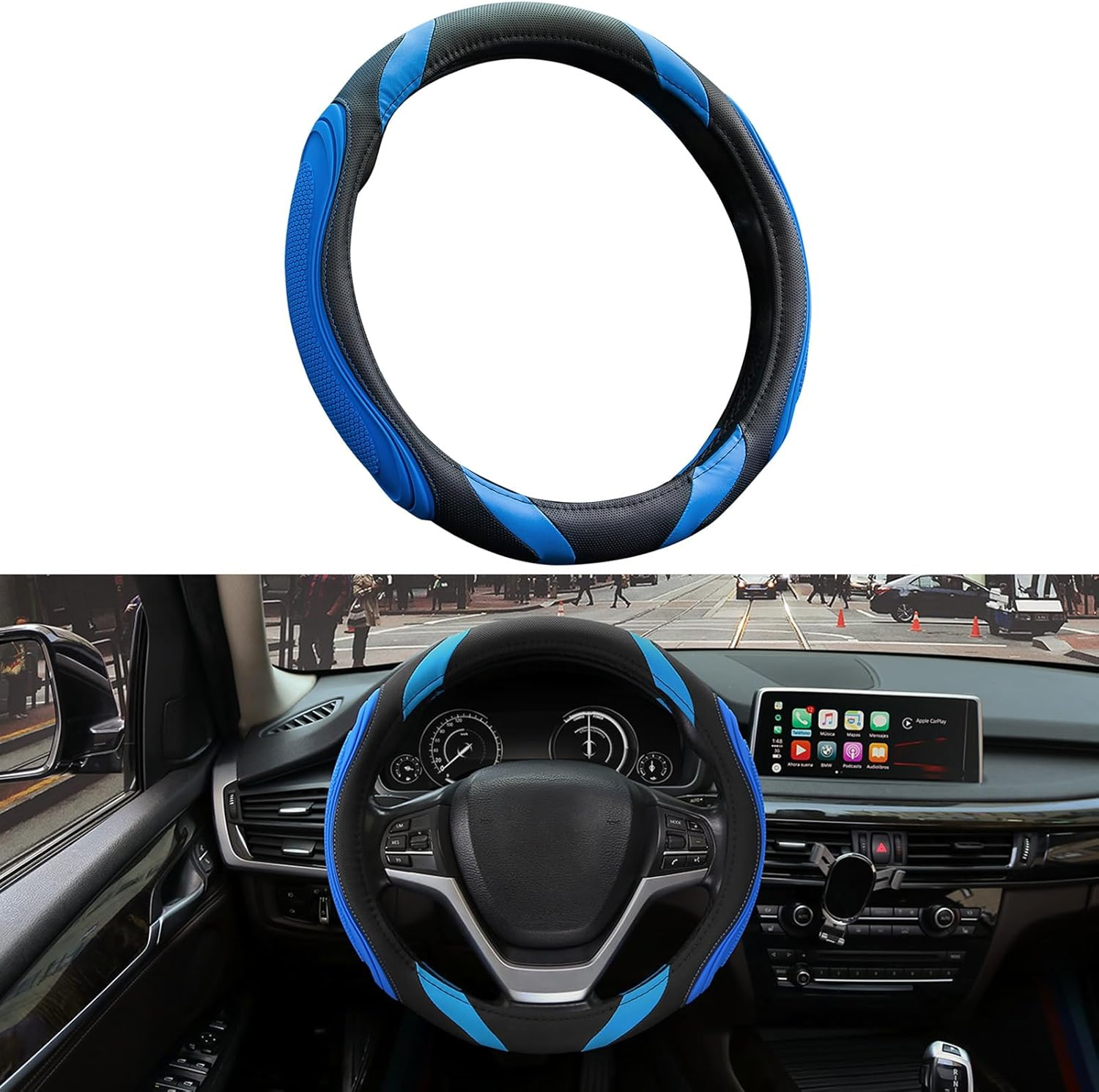 XCBYT Steering Wheel Cover - 14.5-15 Inch Car Microfiber Leather Steering Wheel Wrap Black Red Sports Fan Design Non-Slip for Man Women