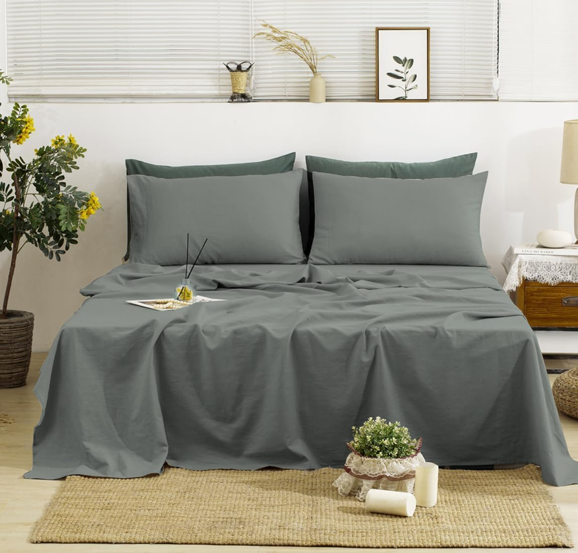 TUMEI 4 Pieces 100% Stonewashed French Linen Bedding Sheets Set, 16" Deep Pocket, 1 Fitted Sheet & 1 Flat Sheet & 2 Pillowcases, Solid Color, Soft & Comfortable (Natural Color, Queen Size)