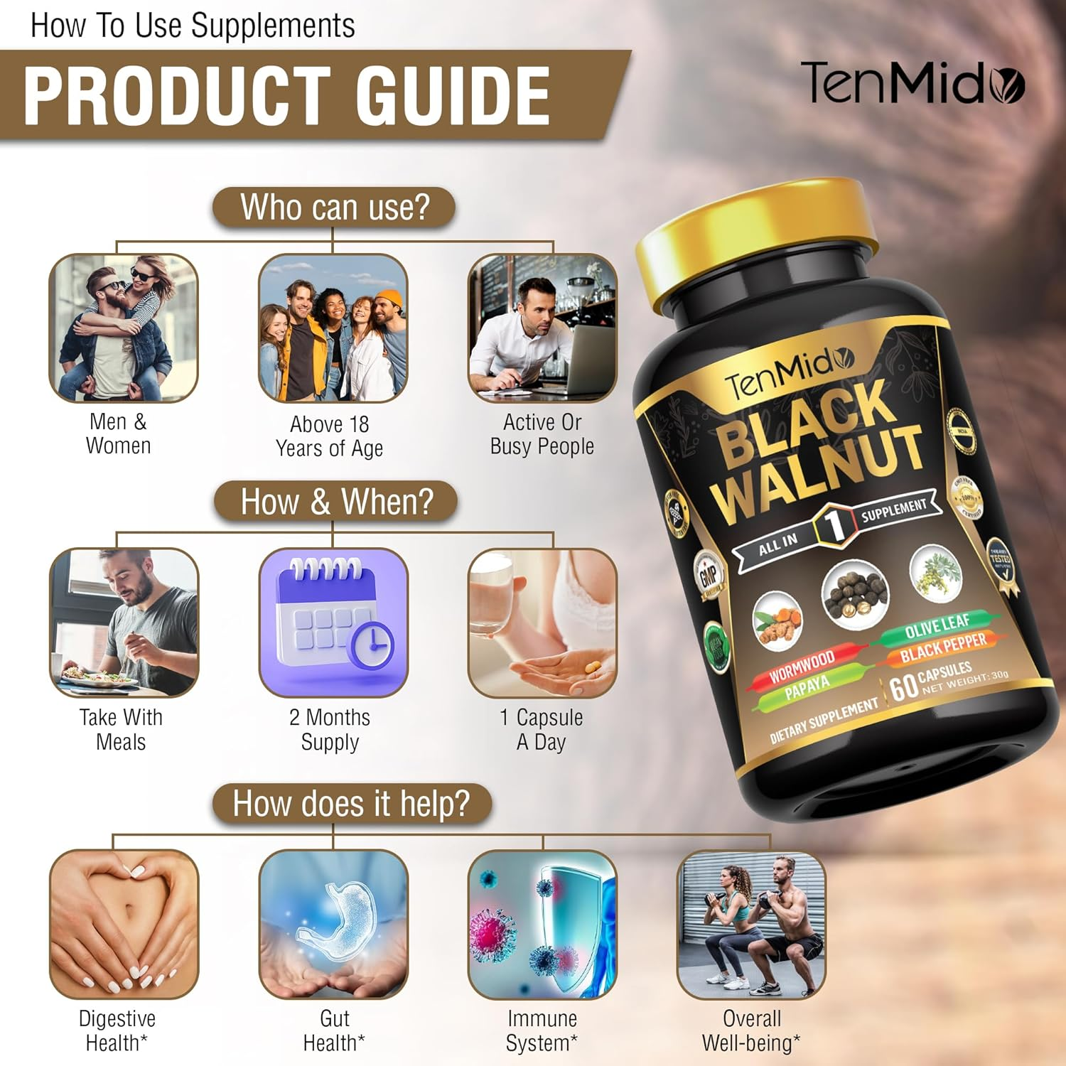 Black Walnut Supplement - 6In1 Blend with Wormwood, Turmeric, Papaya, Olive Leaf and Black Pepper- Gut & Digestive Health Support - 60 Vegan & Non-Gmo Capsules image number 4