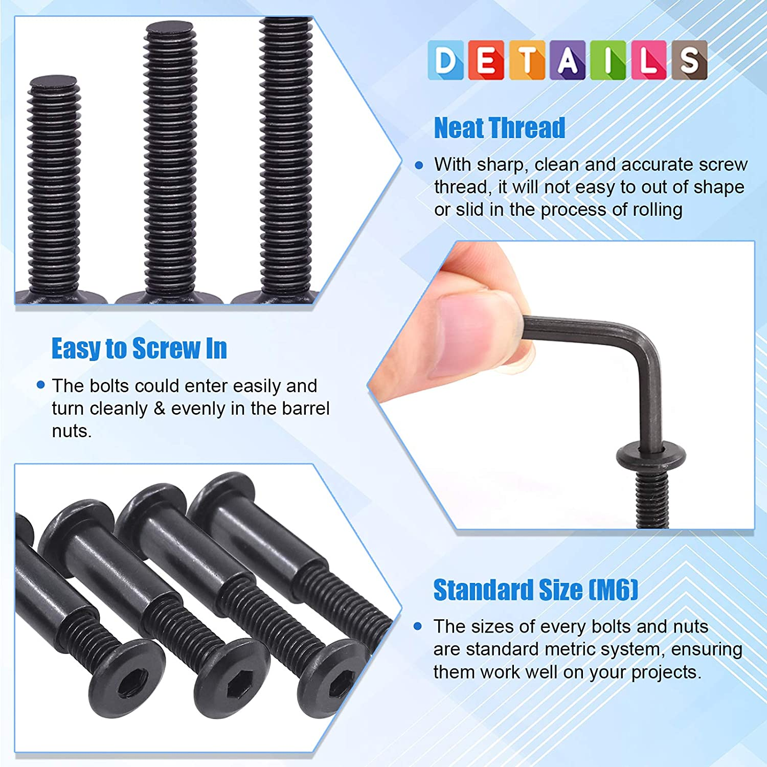 Glarks 85Pcs M6X16/ 25/35/ 45/55/ 65/ 75Mm Black Hex Drive Socket Cap Bolts Kit, Allen Head Countsunk Furniture Crib Bolts Nuts Screws for Chair Table Cabinets image number 5