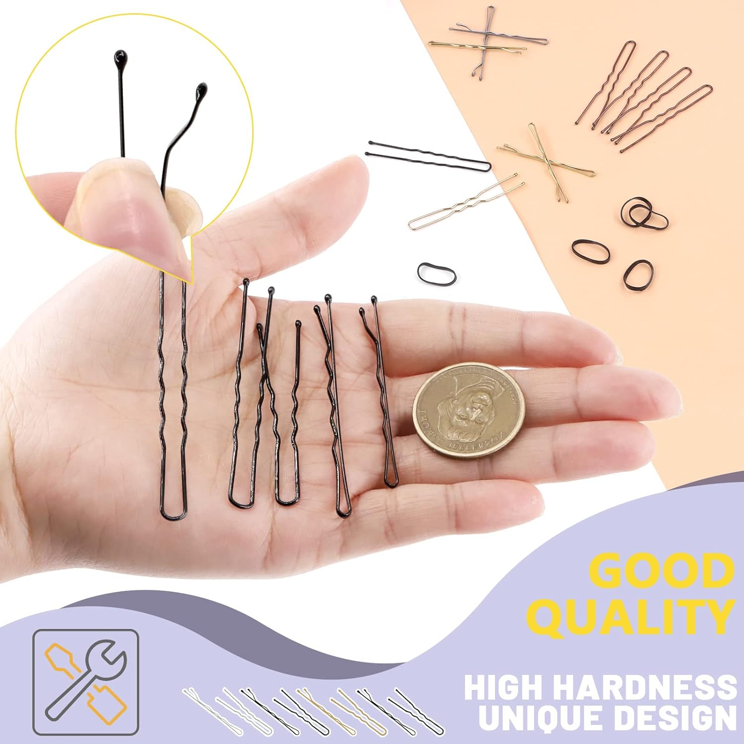 Swpeet 420Pcs 2 Styles 1.9Inch 2.4Inch Black/Gold/Brown/Silver Hair Pins Bobby Pins with Rubber Bands Kit, Including 160Pcs Bobby Pins and 160Pcs U Hair Pins Hair Clips for Girls and Women image number 5
