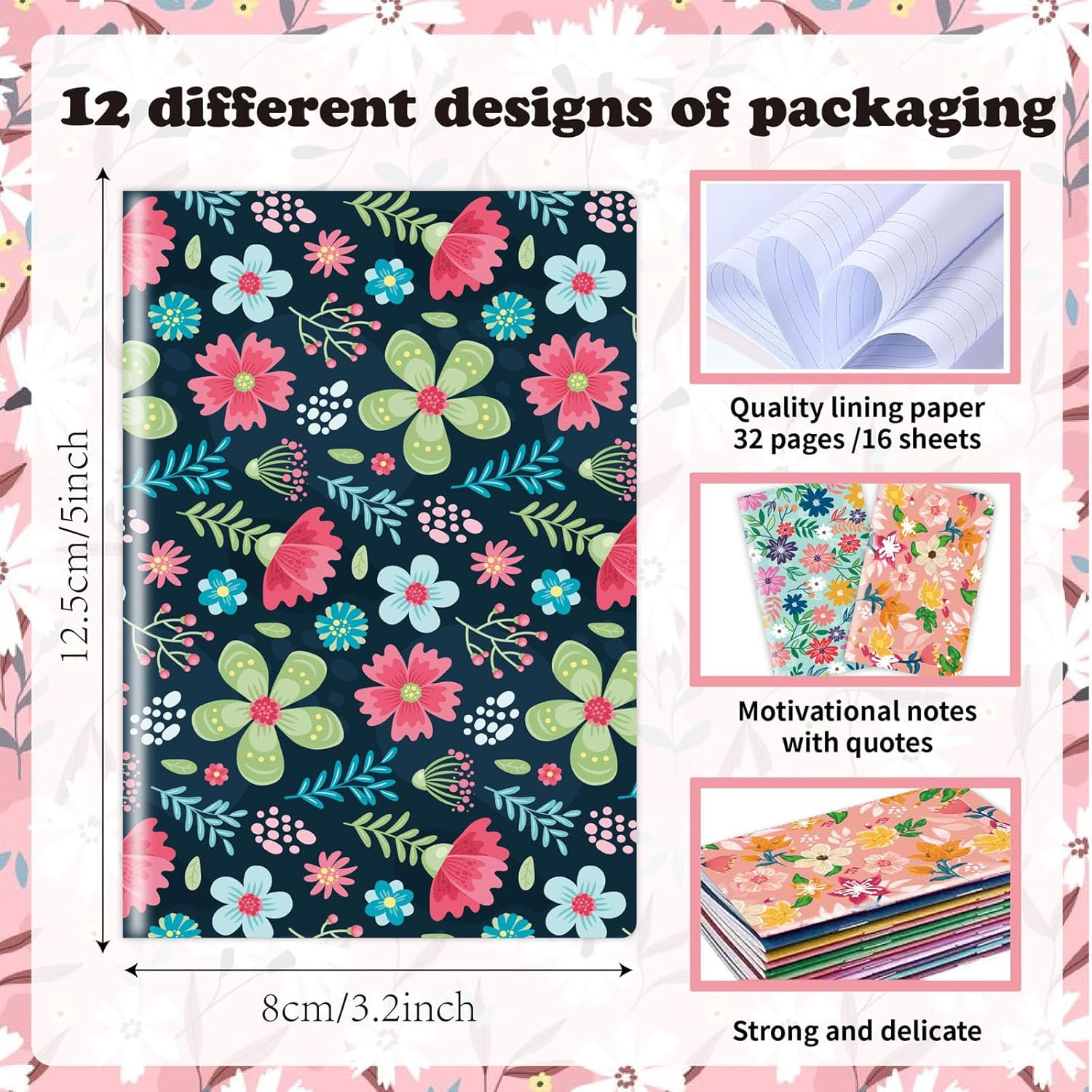 12PCS A5 Aesthetic Notebook, Hardcover College Straight Line Horizontal Line Notebook, Cute Blooming Floral Journaling Notebook with Double Pocket Lined Pages, for Office, School, and Gift image number 4