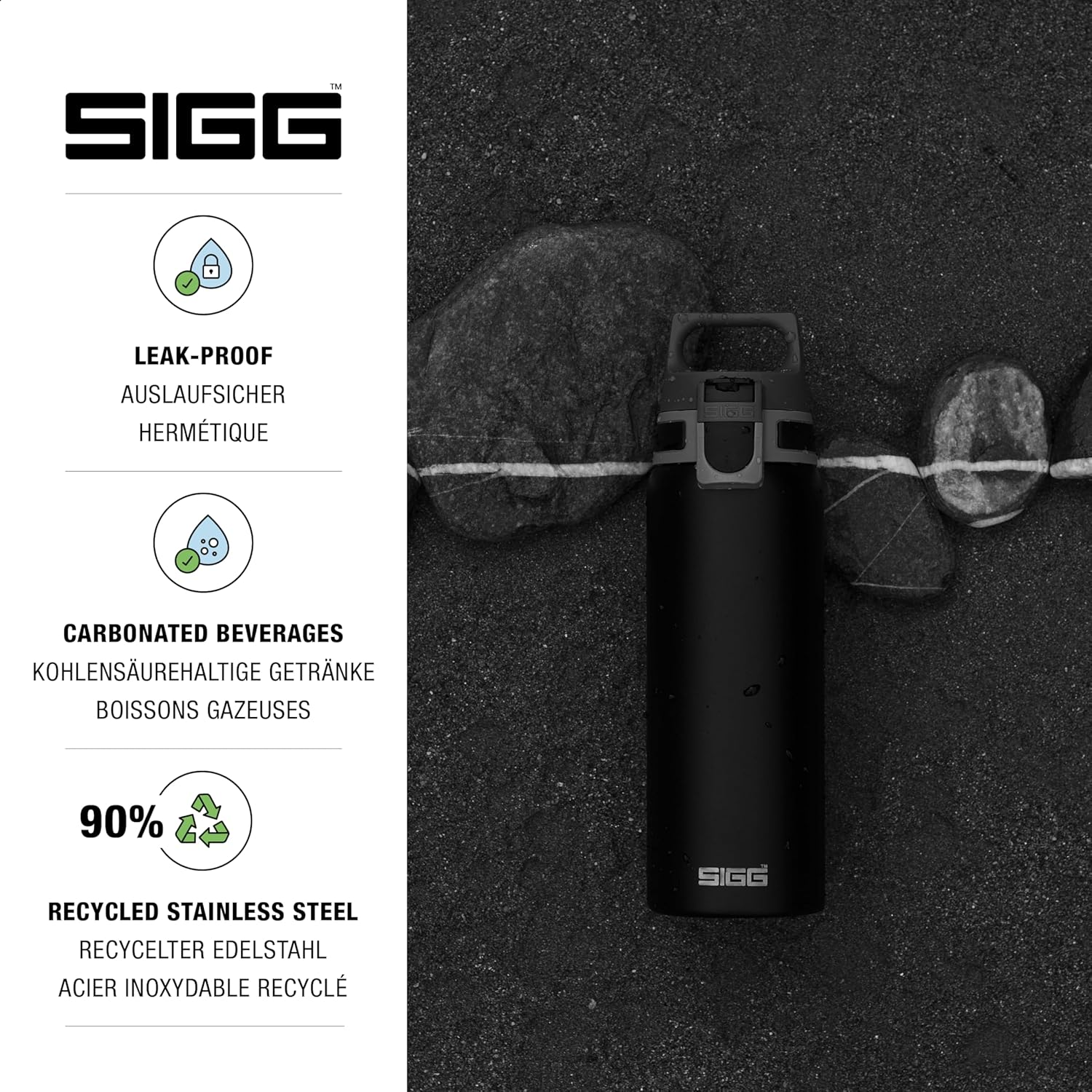 SIGG - Stainless Steel Water Bottle - Shield ONE Black - Suitable for Carbonated Beverages - Leakproof - Lightweight - BPA Free - Black - 0.75 L image number 5