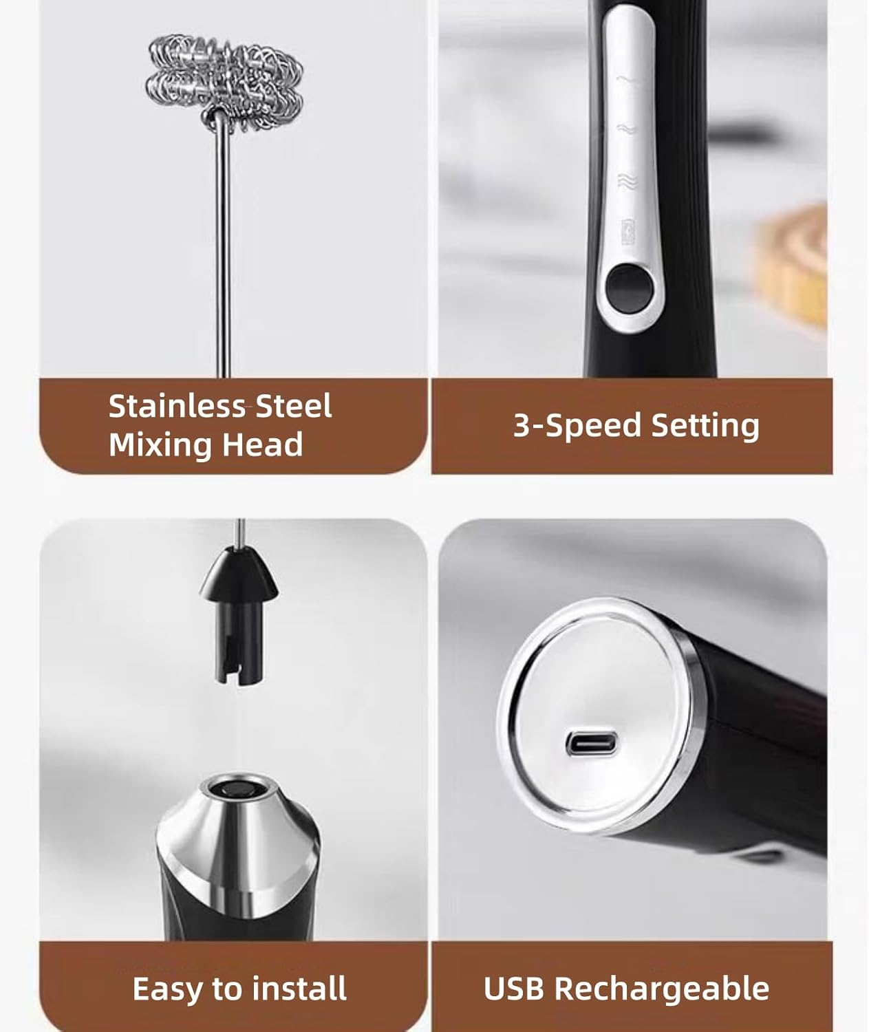 Rechargeable Milk Frother Handheld Blender, Dual-Use, 2 Heads, 3 Speeds, Usb-Powered, Easy Clean, Stainless Steel Whisk, Perfect for Coffee, Latte, Cappuccino, Desserts and Egg, White