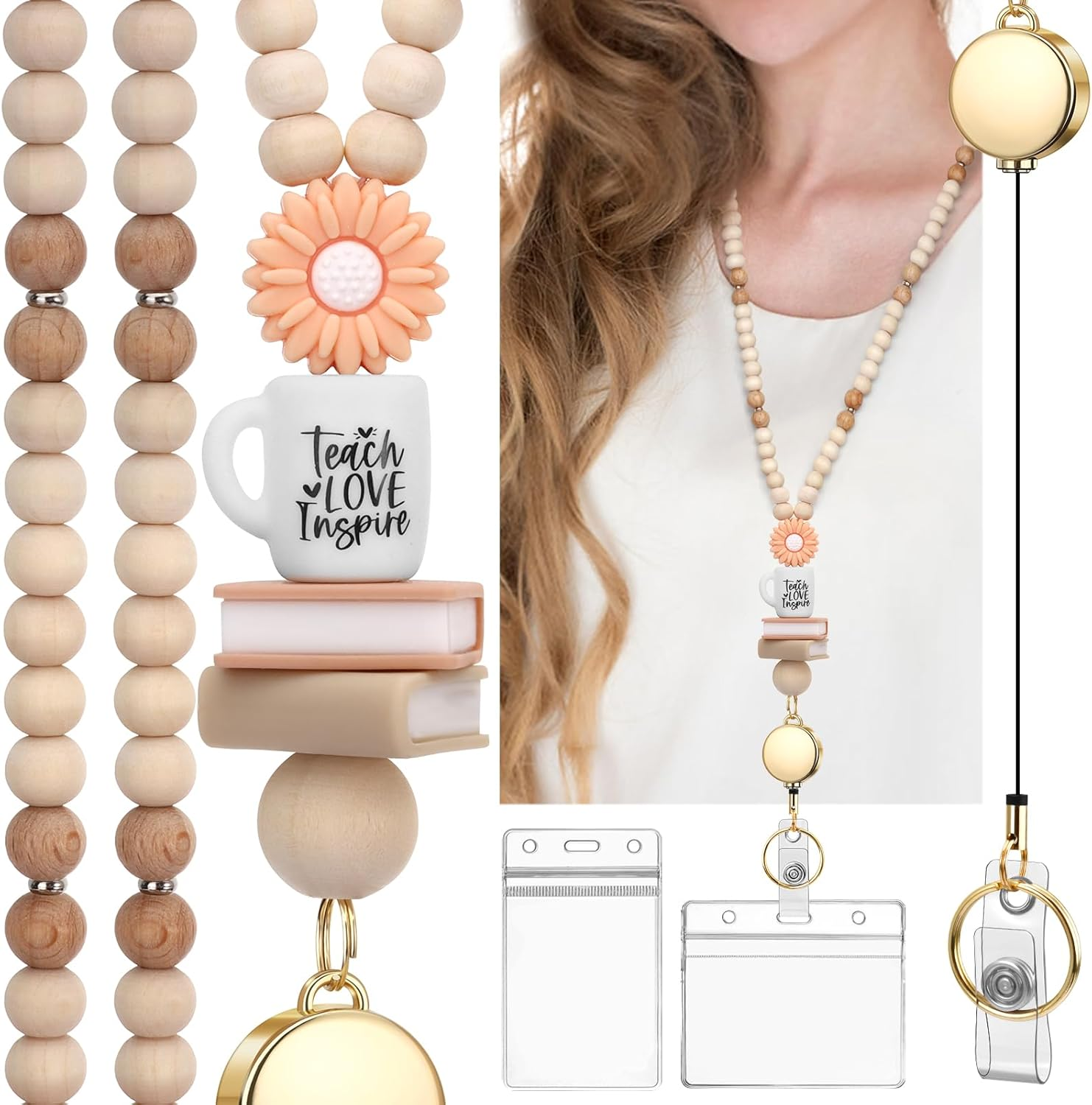 Teacher Lanyard with Id Holder, Cute Lanyards for Id Badges Keys, Retractable Natural Wooden Beaded Lanyard for Women