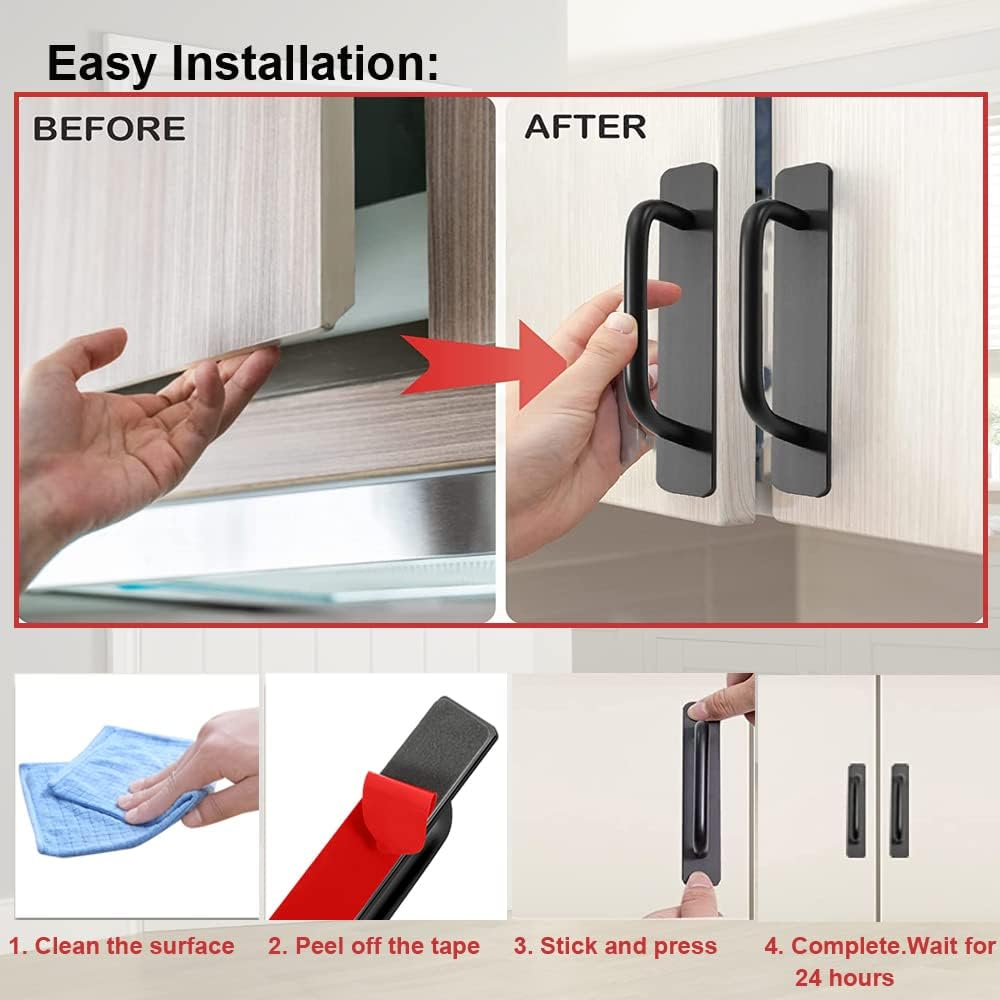 Self-Stick Instant Cabinet Drawer Handles Door Adhesive Handles,2Pcs Aluminum Kitchen Cabinet Drawer Pull Handle with Adhesive Sticker,Perfect for Any Furniture Handle DIY (Black, Small (5.83")) image number 6