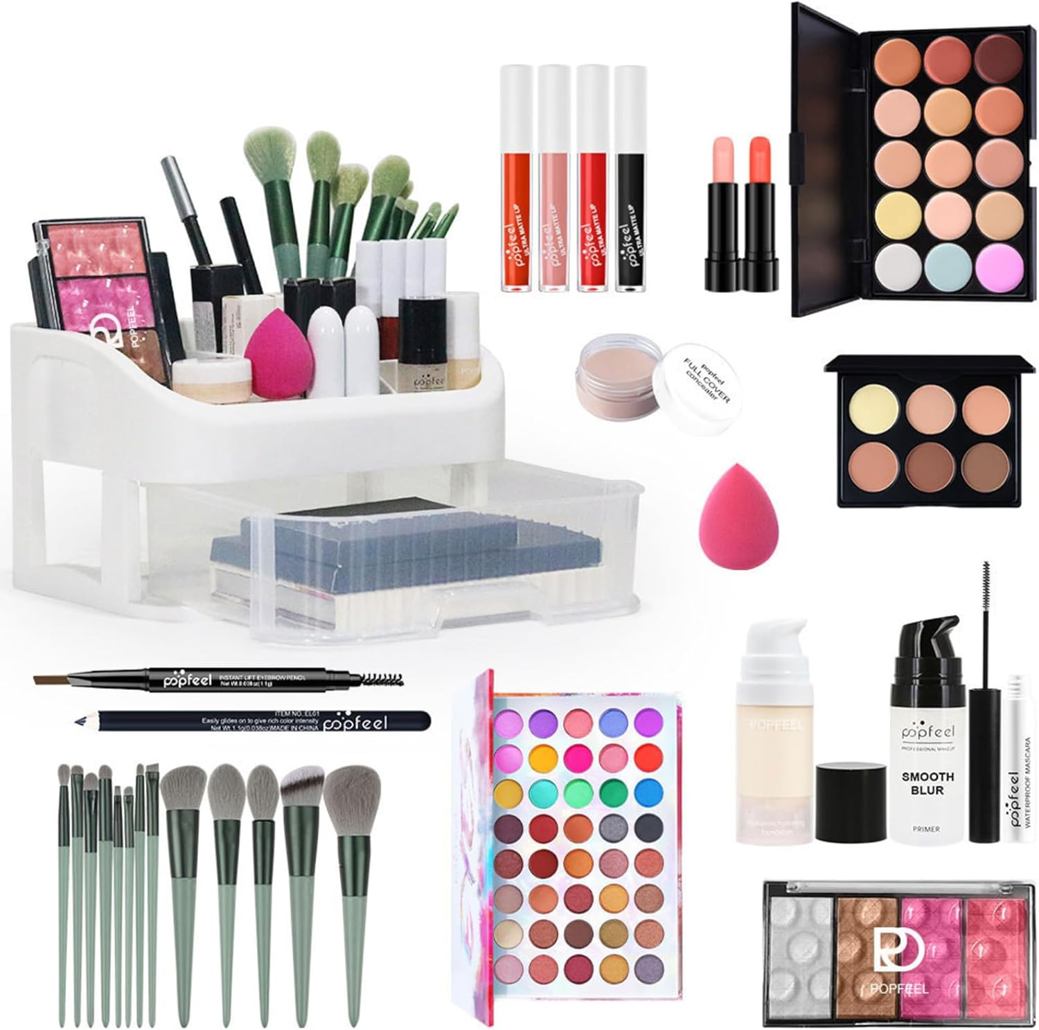 Jascherry All in One Makeup Kit, Travel Makeup Kit, Complete Makeup Set with Organizer Eyeshadow Palette Foudation Concealer Lipstick Makeup Sponges Eyebrow Pencil for Girls Teenagers Beginners