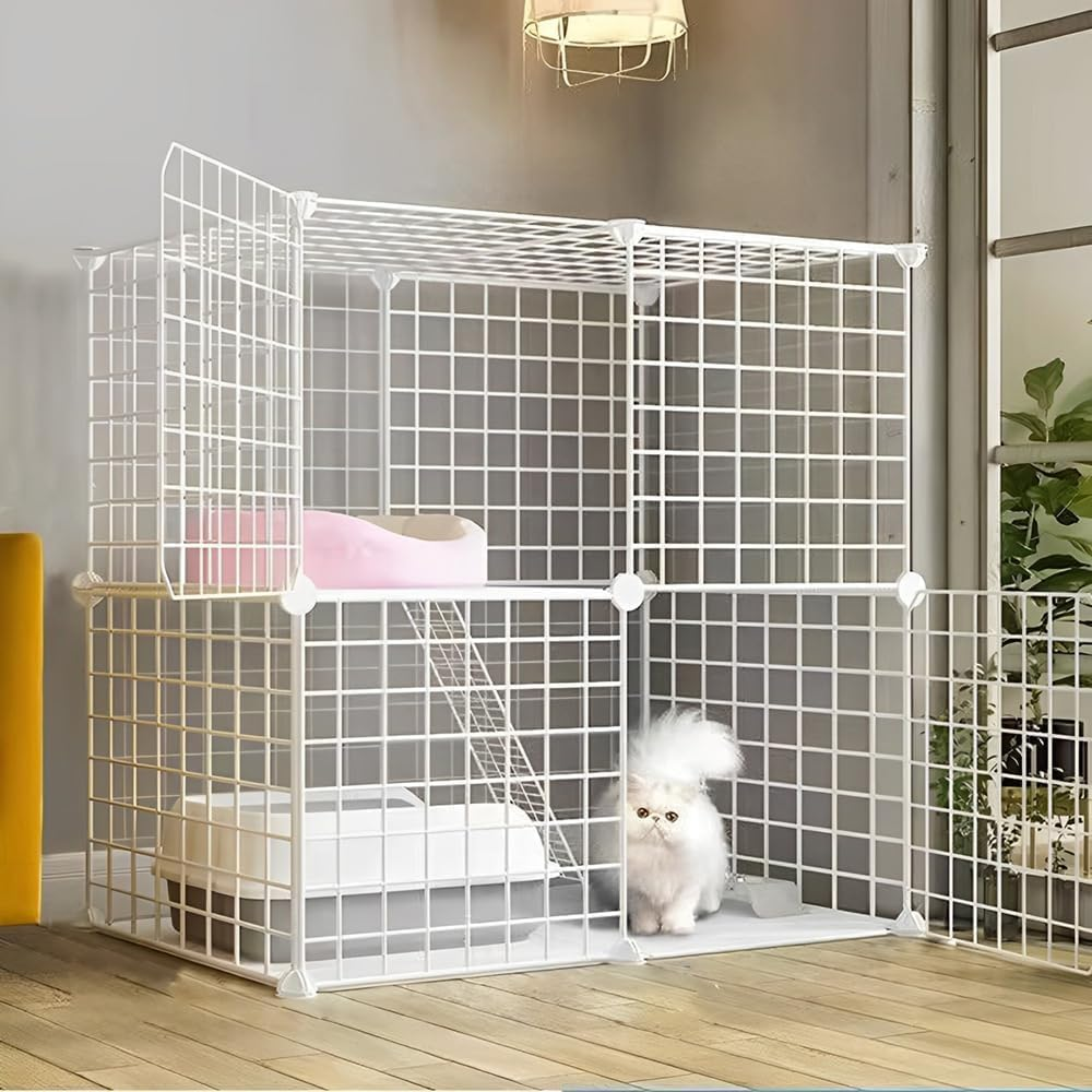 2 Tier Cat Cage Indoor, Detachable Metal DIY Pet Playpen, Portable Collapsible Pet Cat Cage, Animal Cage Wire Cage Indoor, 75 * 73 * 39 Cm, White image number 5