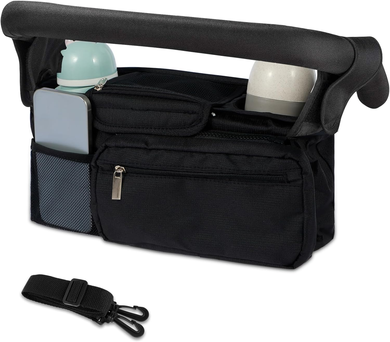 Fxvhojq Baby Stroller Organizer Newborn Baby Girl or Boy Tote with 2 Cup Holder Waterproof Oxford Stroller Caddy Organizer with Detachable Pocket for New Parents, New Mom (Black)