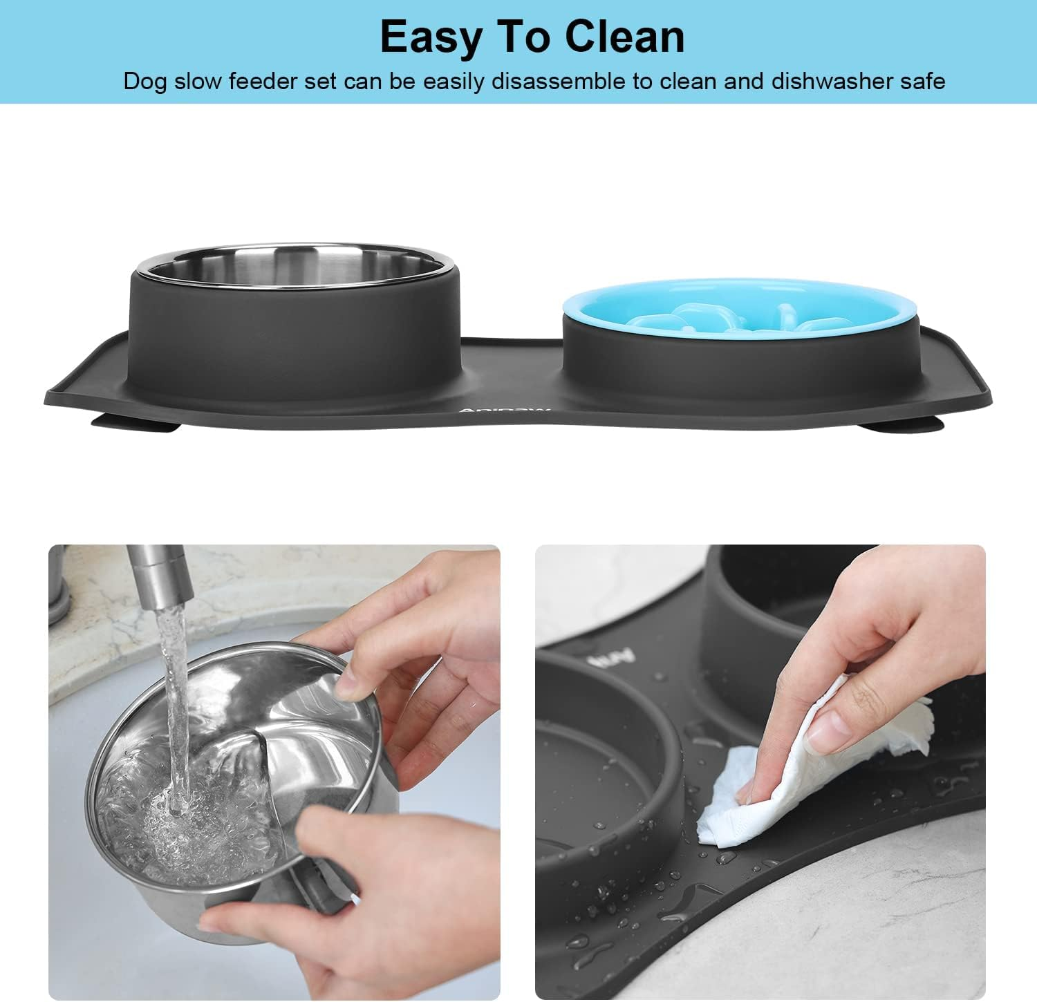 Non Slip Slow Feeder Dog Bowls Stainless Steel - No Spill Food Water Bowl for Small Medium Large Dogs, Raised Dog Feeder Bowl Fit Cats ﻿