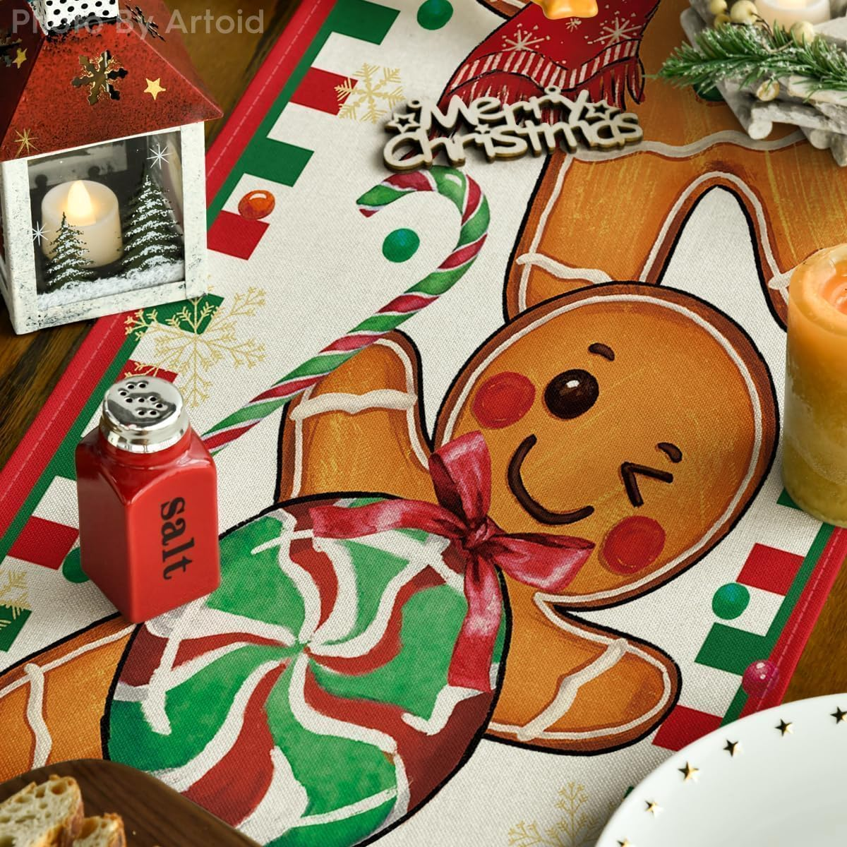 Table Runners Gingerbread Candy Cane Christmas Decor, Winter Kitchen Dining Table Decoration for Home Party 13X72 Inch &ndash; Red image number 4