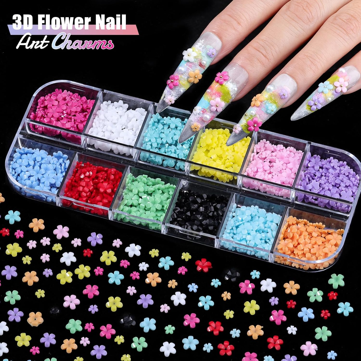 6 Boxes 3D Flower Nail Charms, Colorful Hibiscus Nails Ice Translucent Flower Nail Charms Cute Butterfly Petals Nail Gems with Pickup Tools for Nail Art Manicure DIY image number 1