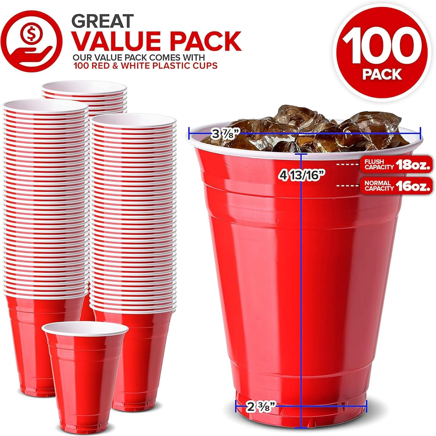 16Oz Red Plastic Party Cups: 100 Pack Reusable Blank Plastic Cups Food-Grade Party Cold Drink Cups Red Cups for Parties, Weddings, Events or DIY Projects,Durable,Resistant,Bpa Free, Recyclable image number 5
