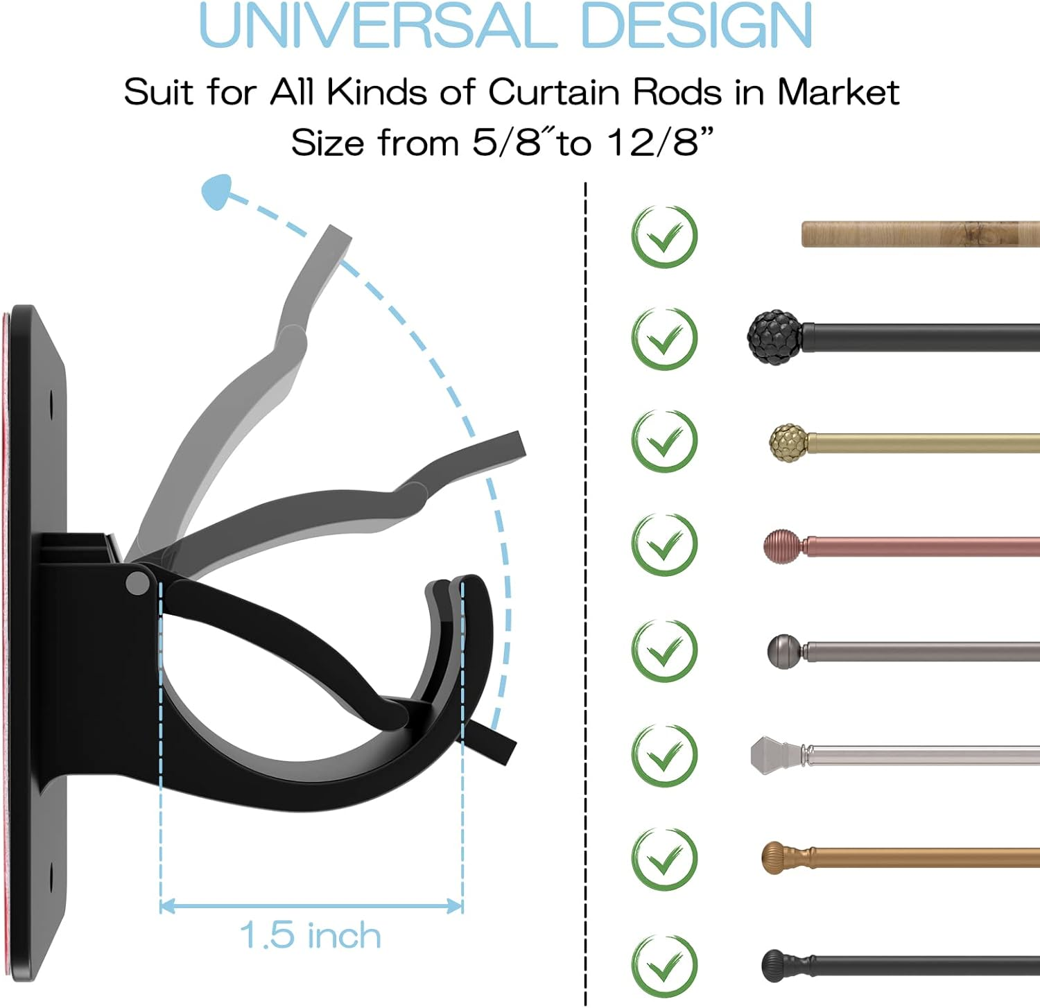 AMZONHOME 8 Pieces Self Adhesive Curtain Rod Bracket, Universal Plastic Curtain Rod Holders, No Drill Curtain Rod Brackets Curtain Rod Hooks for Bathroom, Bedroom, Livingroom, Kitchen (Black) image number 1