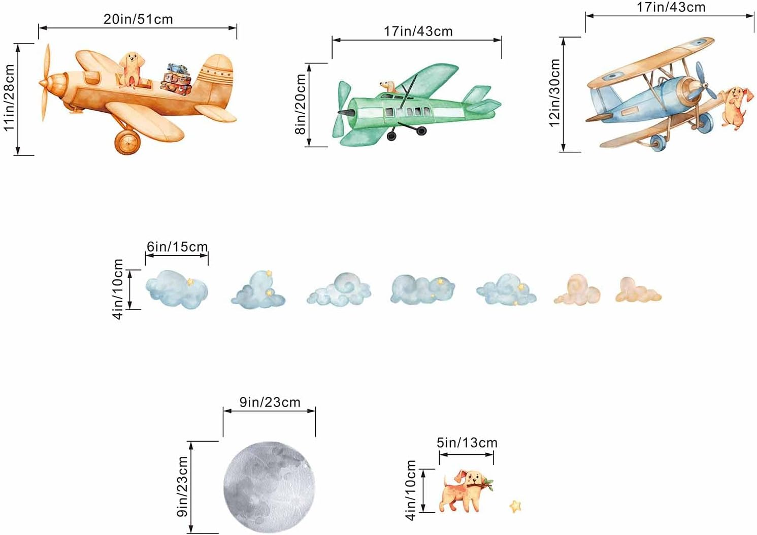 Amimagen Airplane Wall Decals - Puppy Aircrafts Wall Stickers - Kids Baby Boys Nursery Children Daycare Bedroom Playroom Wall Decor