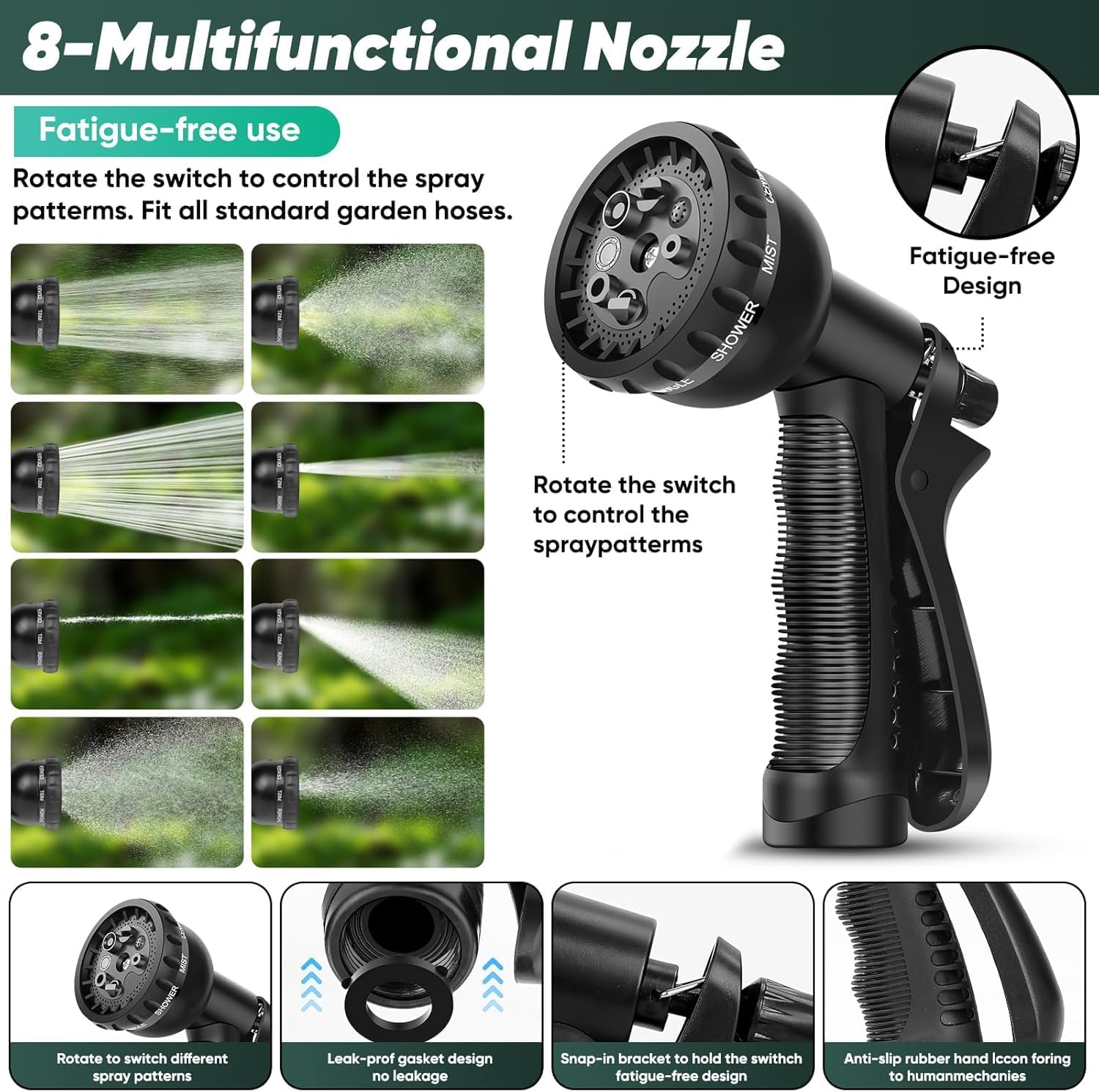 Garden Hose 100FT Lightweight Hose - Lightweight Hose with 8 Function Nozzle, Leak-Proof, No-Knot, Easy to Carry, Wear-Resistant, Sturdy, Flexible, Water Hose for Yard, Garden, Outdoor image number 4