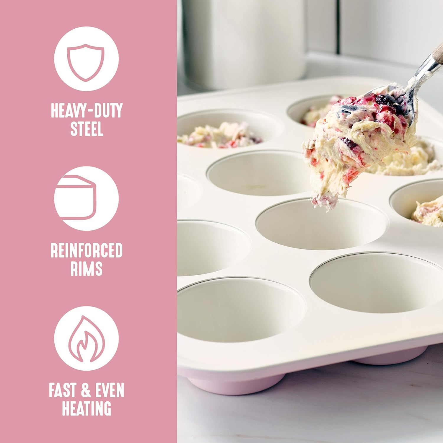 Greenlife Bakeware Healthy Ceramic Nonstick, 12 Cup Muffin and Cupcake Baking Pan, Pfas-Free, Pink image number 1