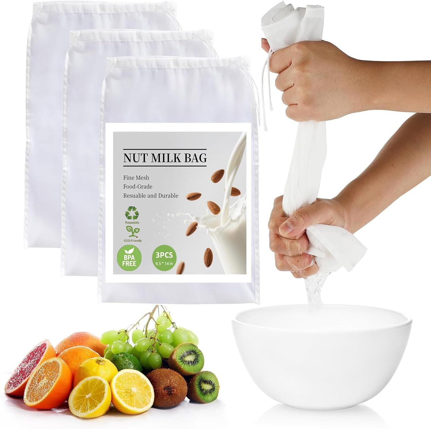 3 Pcs Reusable Nut Milk Bag, 100 Micron Reusable Food-Grade Nylon Cheese Cloth Bag Strong Fine Mesh Strainer Bags with Drawstring for Straining, Cold Brew Coffee, Greek Yogurt, Tea,Juice image number 2