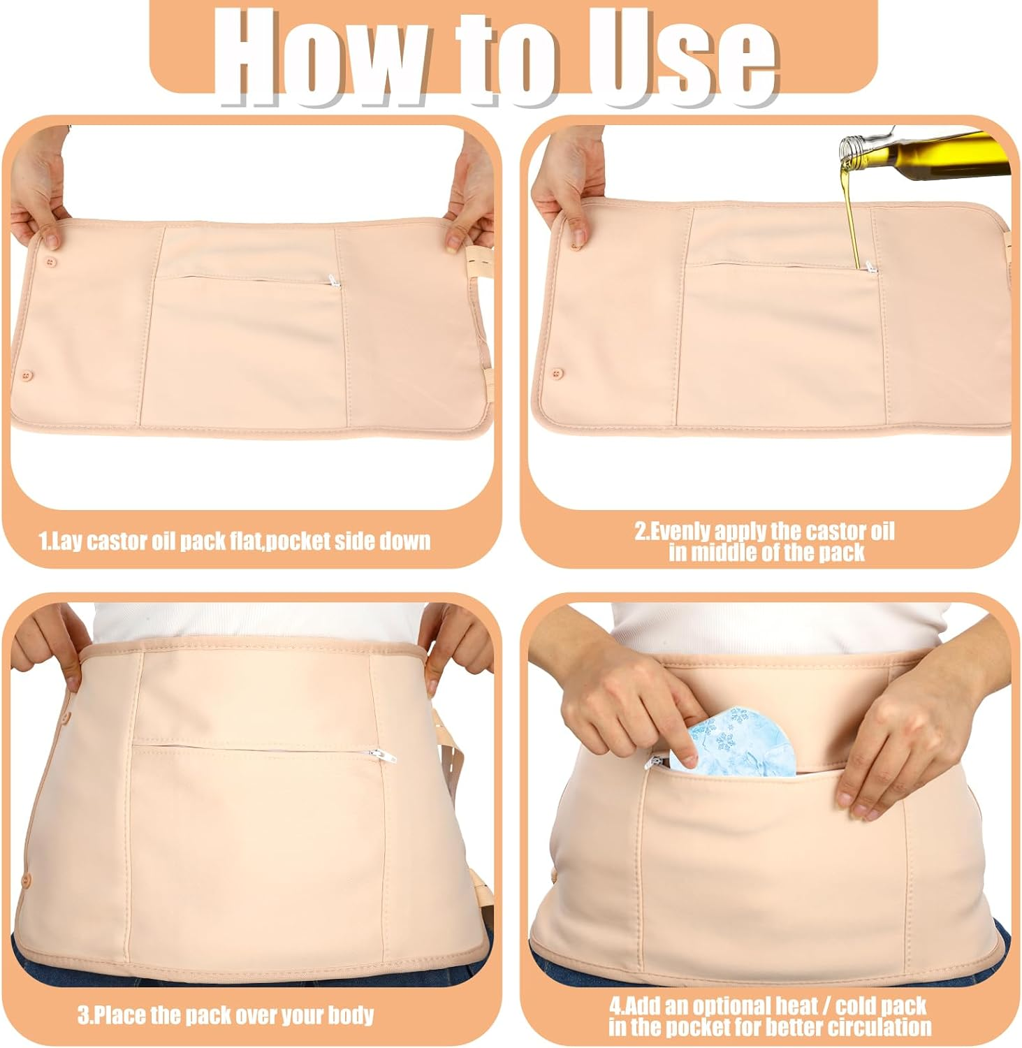 11 Pcs Castor Oil Pack Wrap Set, Flannel Reusable Castor Oil Pack Kit for Waist Neck Breasts Elbow with Adjustable Strap and Laundry Bag Machine Washable anti Oil Leak, Castor Oil Not Included image number 4