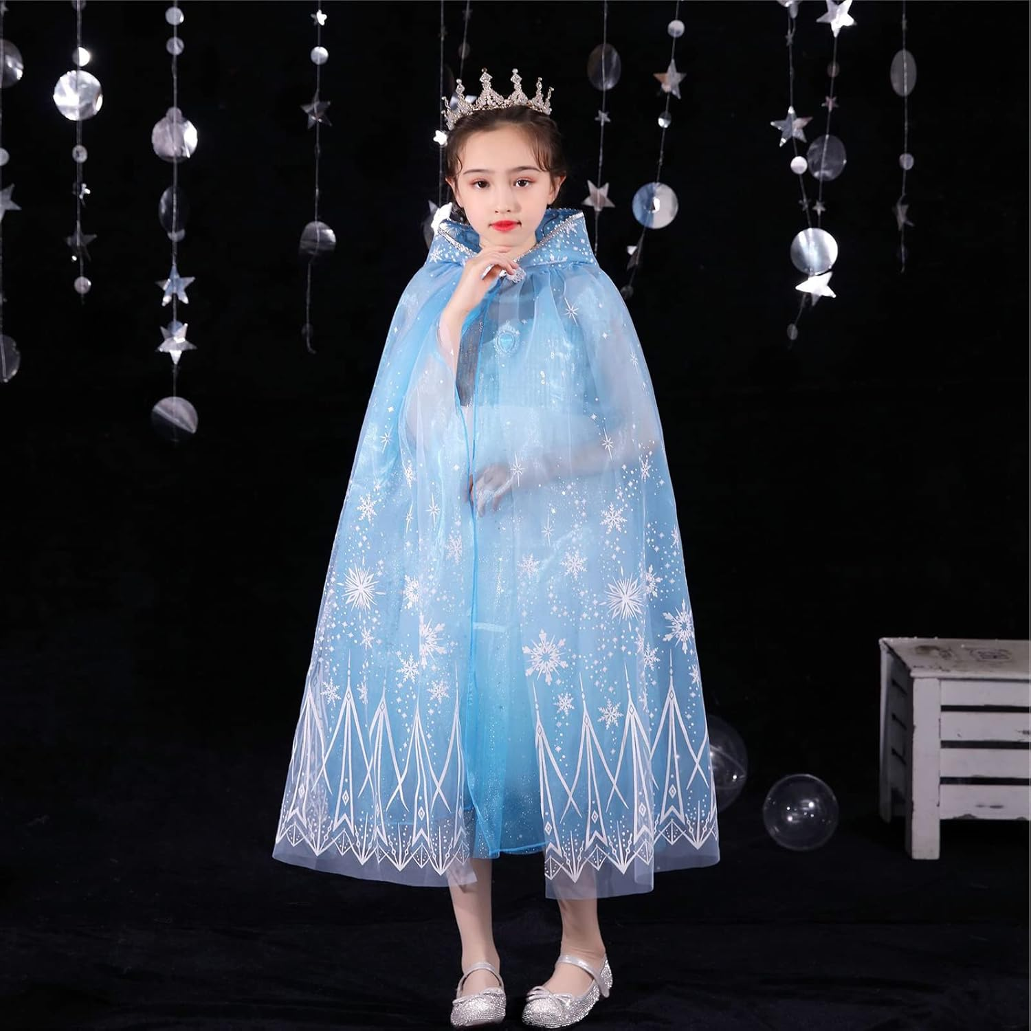 PHOGARY Princess Cape Blue Princess Cloak Snowflake Hooded Cape, Princess Fancy Dress Halloween Costume 2 Layered Tulle Carnival Birthday Party Cosplay Princess Dress up for Girls image number 2